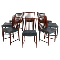 Fritz Hansen A/S Set 8 Dining Chairs of Mahogany with Blue Leather Seats 1940s