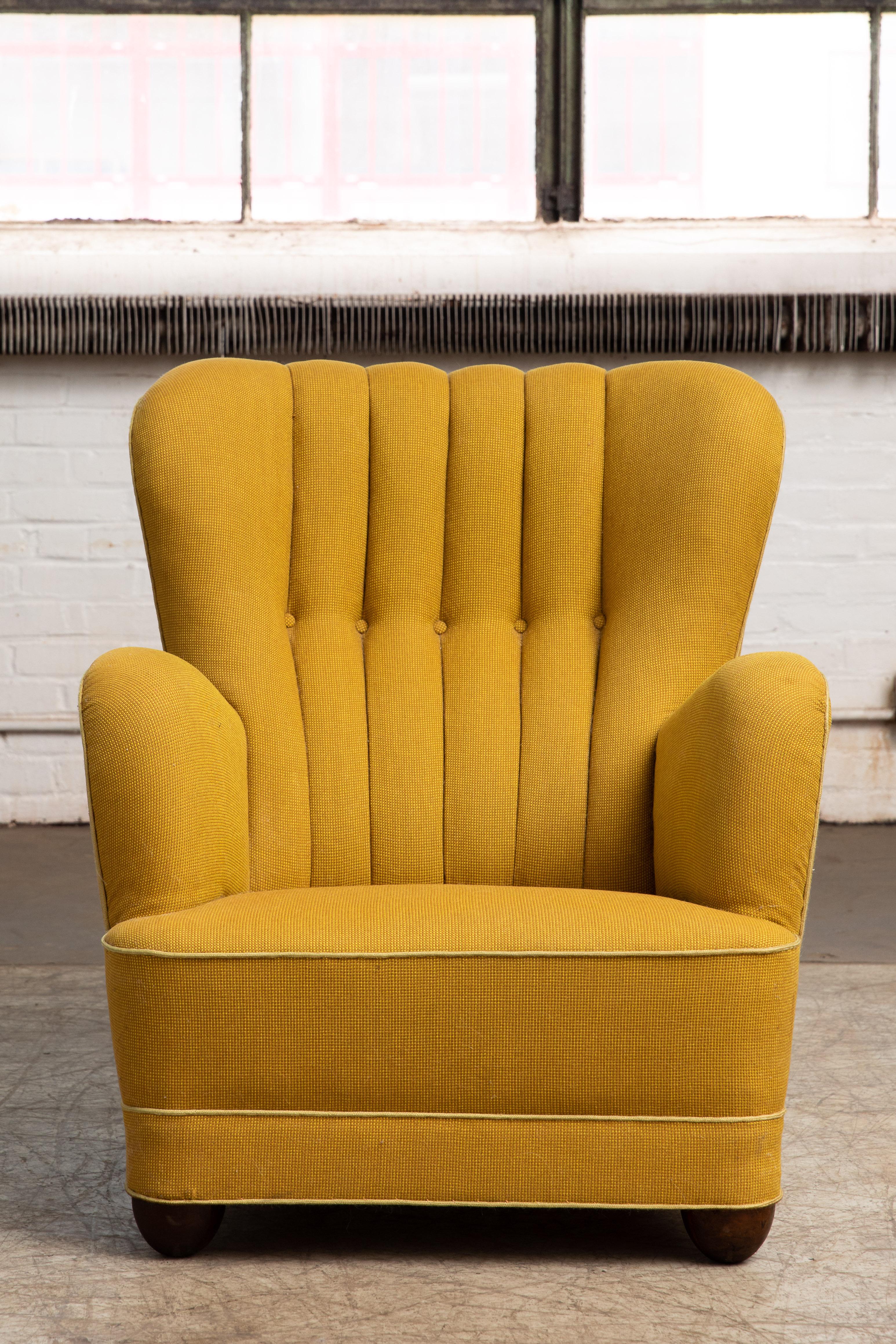 Mid-Century Modern Fritz Hansen Attributed 1940s Danish Channel Back Lounge Chair