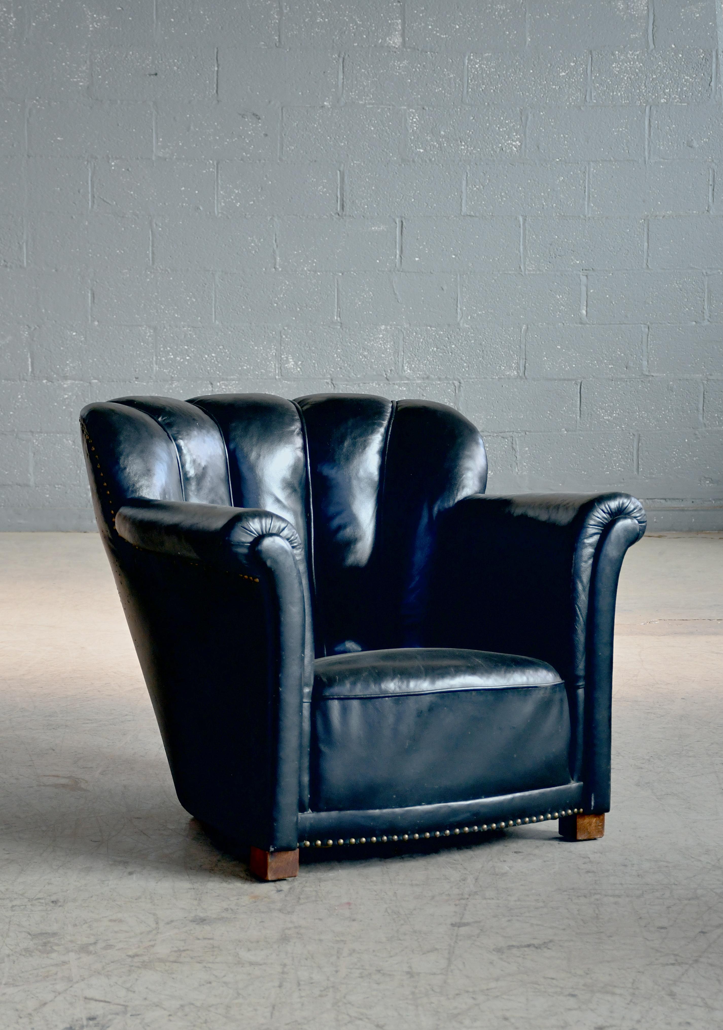 Mid-Century Modern Fritz Hansen Attributed 1940s Danish Channel Back Lounge Chair in Black Leather