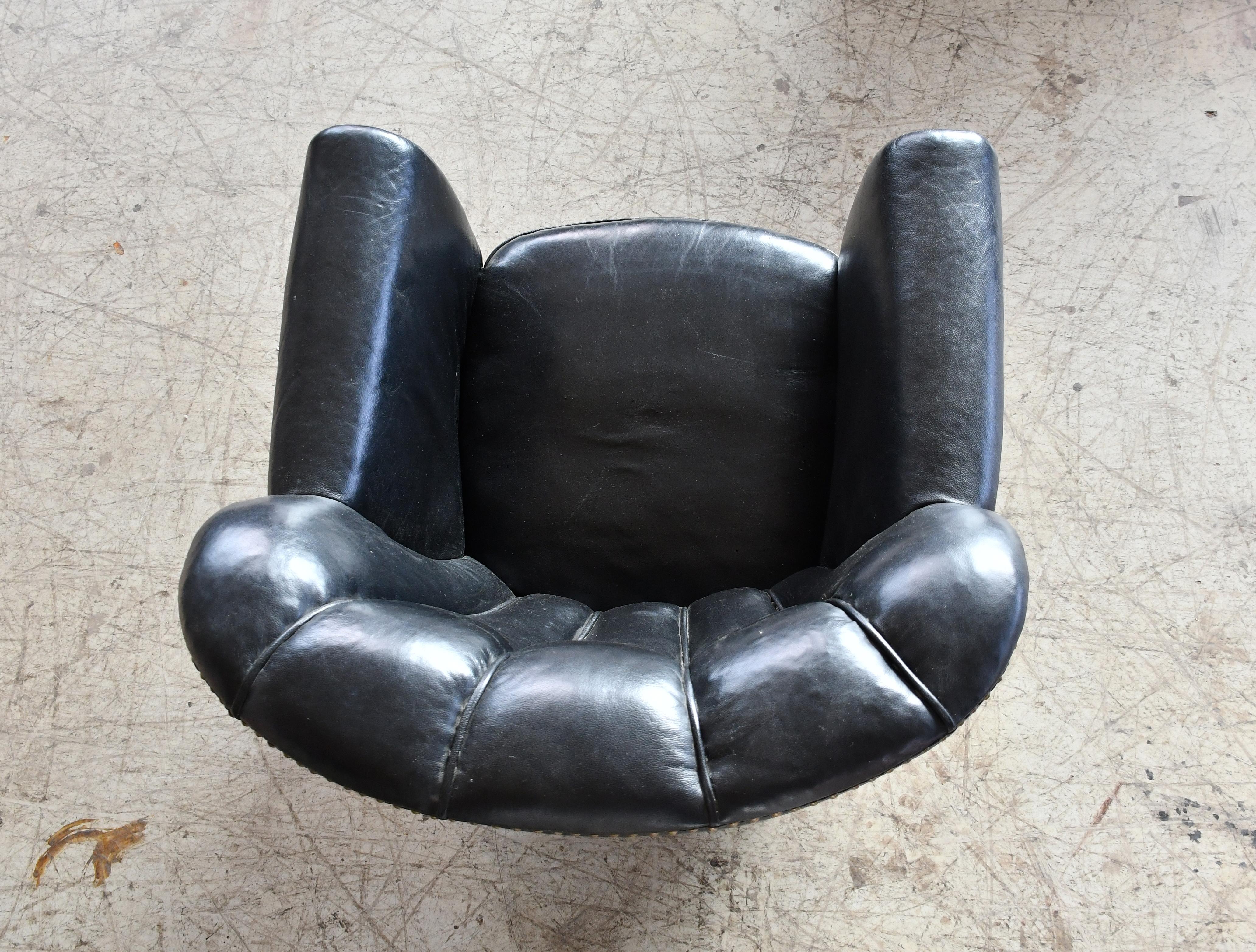 Mid-20th Century Fritz Hansen Attributed 1940s Danish Channel Back Lounge Chair in Black Leather