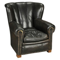 Fritz Hansen Attributed 1940s Danish Channel Back Lounge Chair in Black Leather