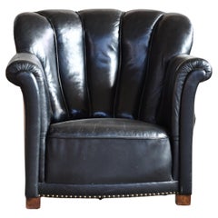 Fritz Hansen Attributed 1940s Danish Channel Back Lounge Chair in Black Leather