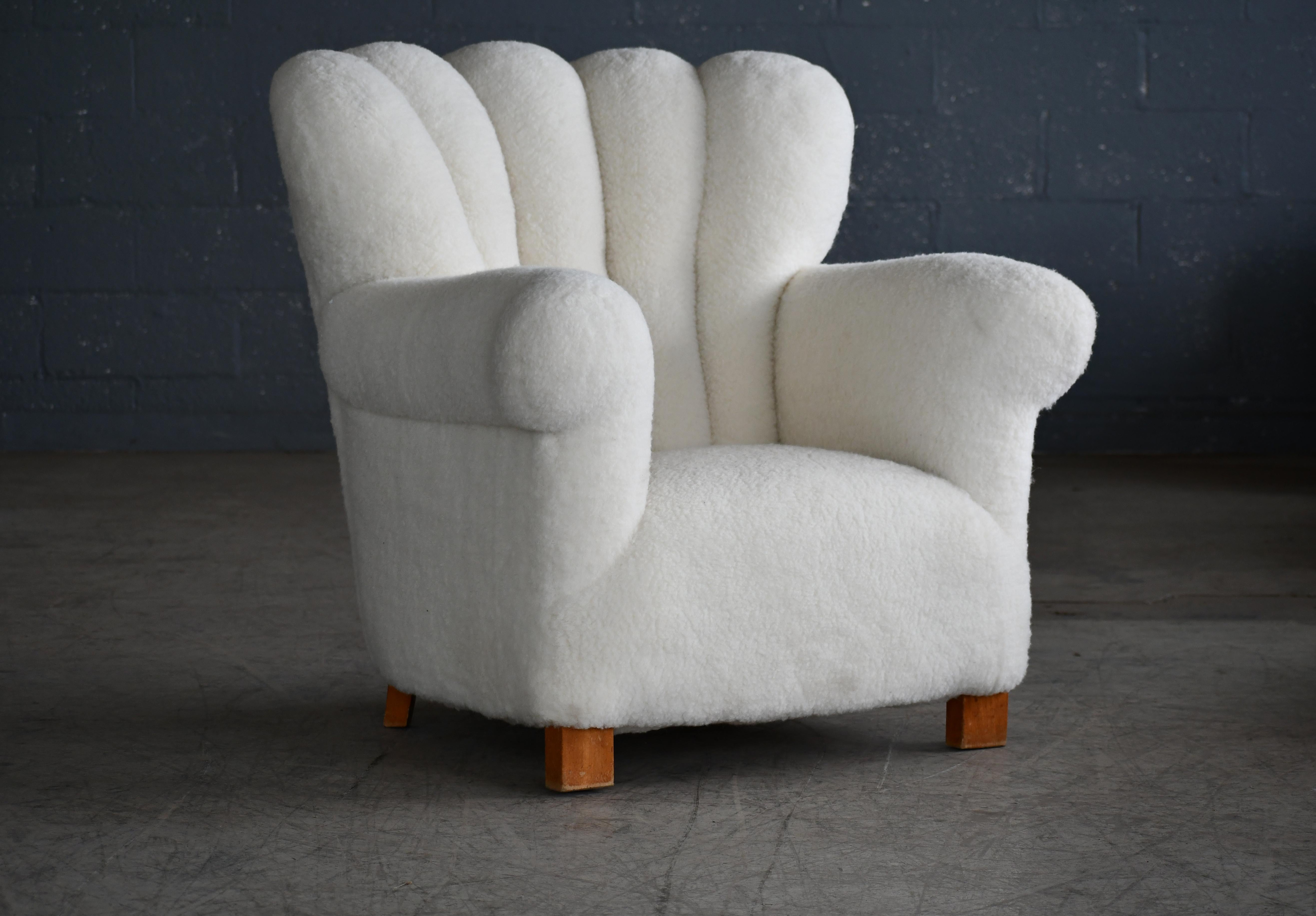 Fritz Hansen Attributed 1940s Danish Channel Back Lounge Chair in Lambswool 3
