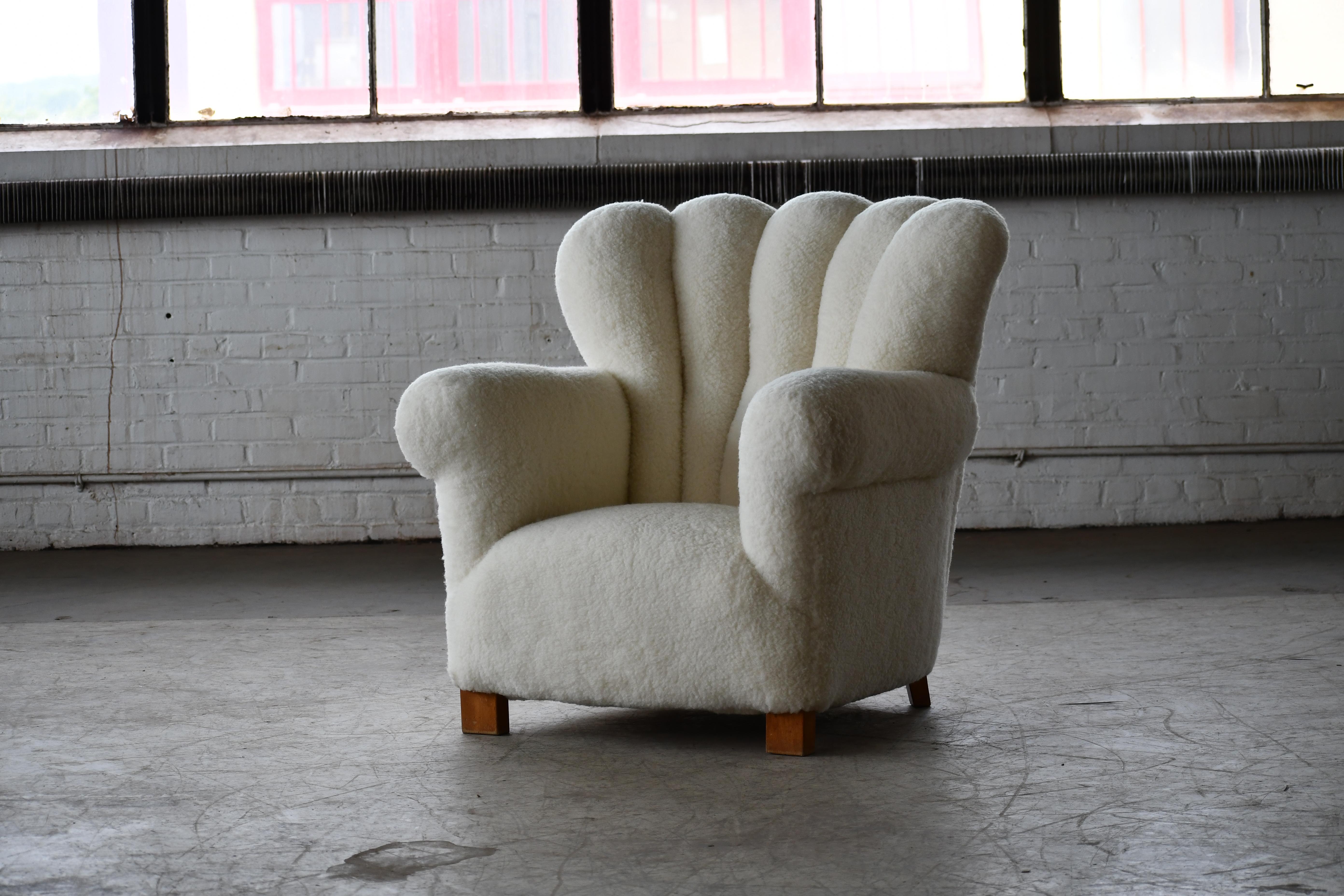 Wool Fritz Hansen Attributed 1940s Danish Channel Back Lounge Chair in Lambswool