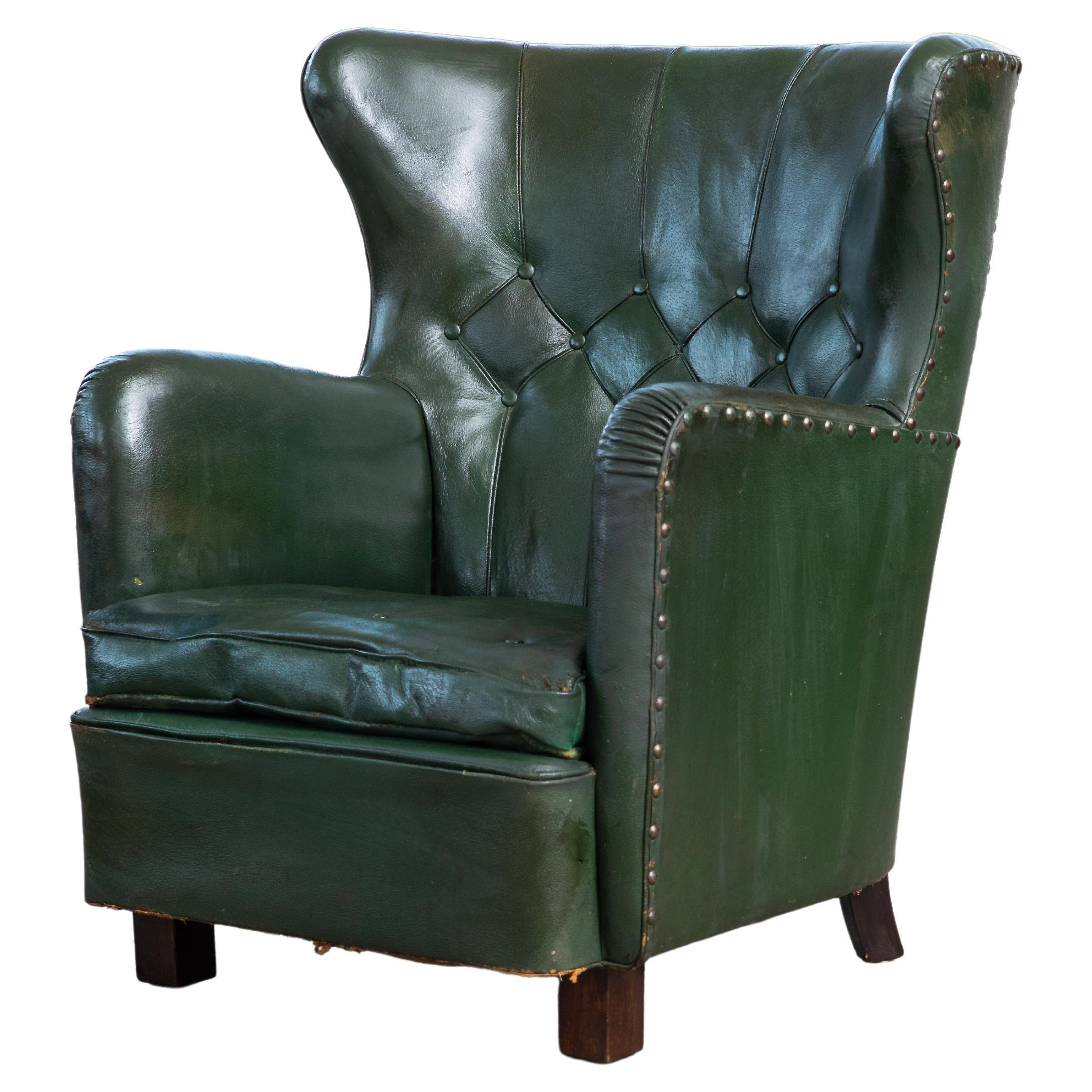 Fritz Hansen Attributed 1940s Danish Tufted Lounge Chair in Green Leather