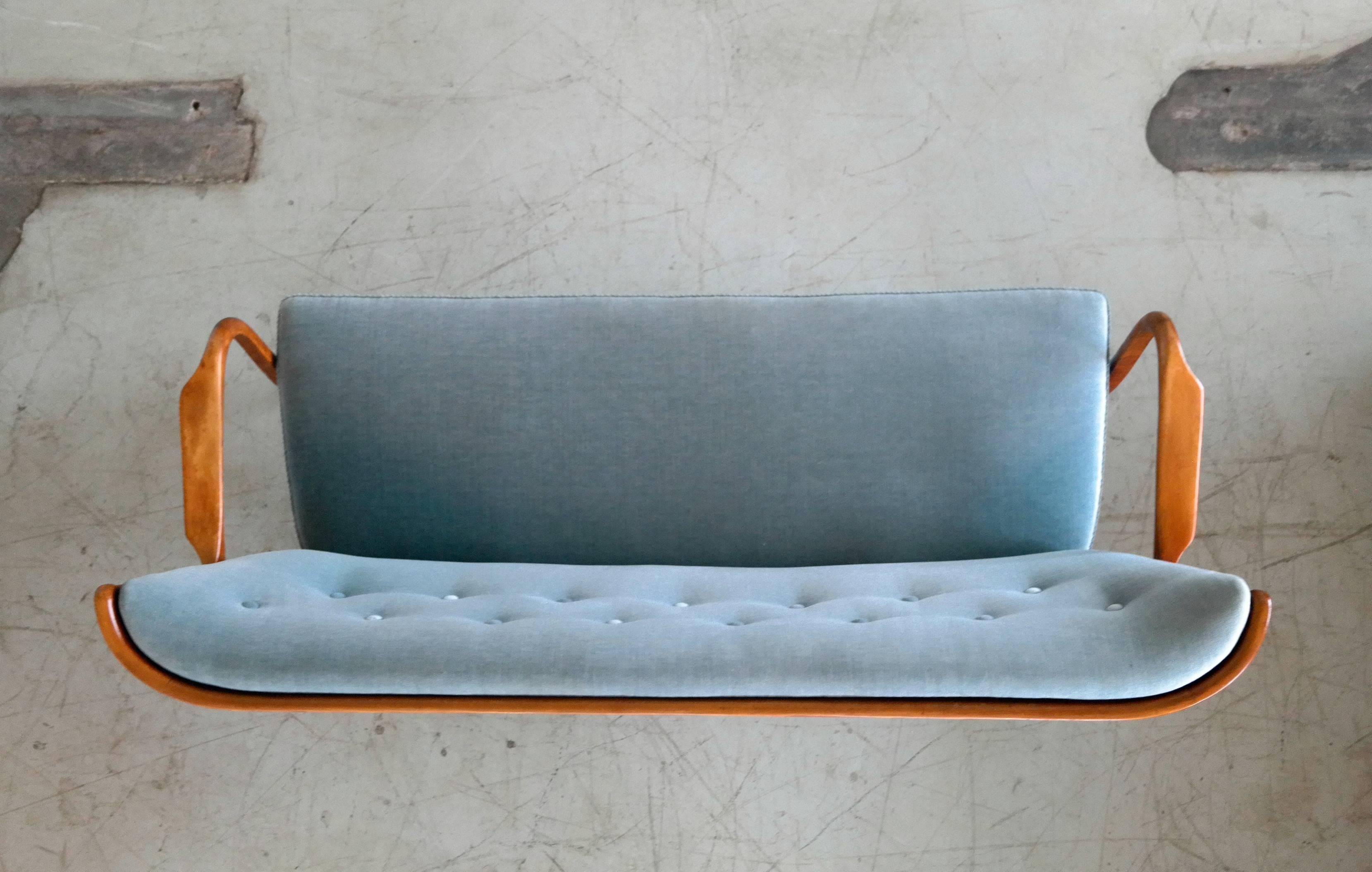 Wool Fritz Hansen Attributed 1940s Sofa or Settee with Open Armrests and Spindle Back