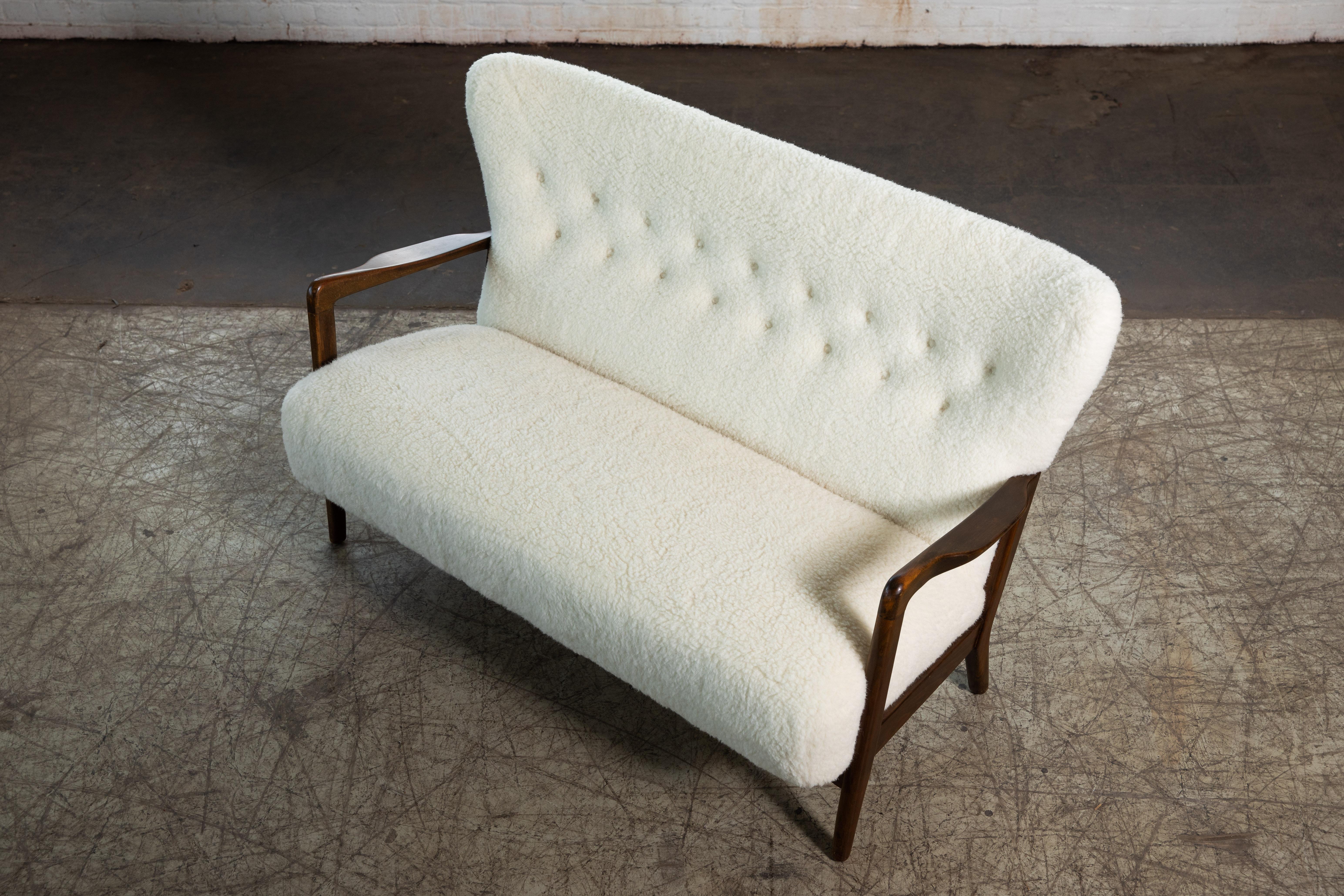 Danish Fritz Hansen Attributed 1940s Sofa or Settee with Open Armrests and Lambswool