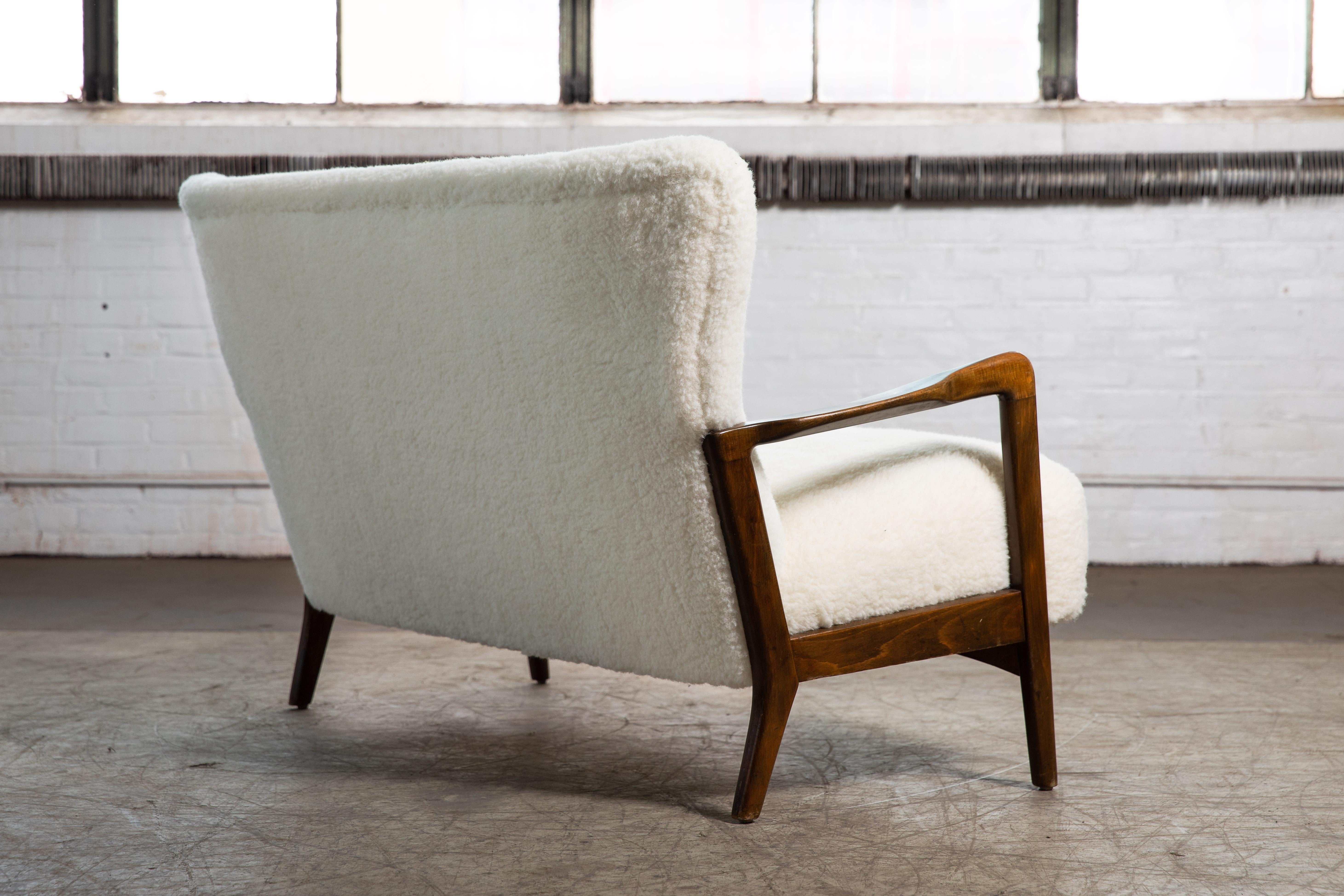 Wool Fritz Hansen Attributed 1940s Sofa or Settee with Open Armrests and Lambswool