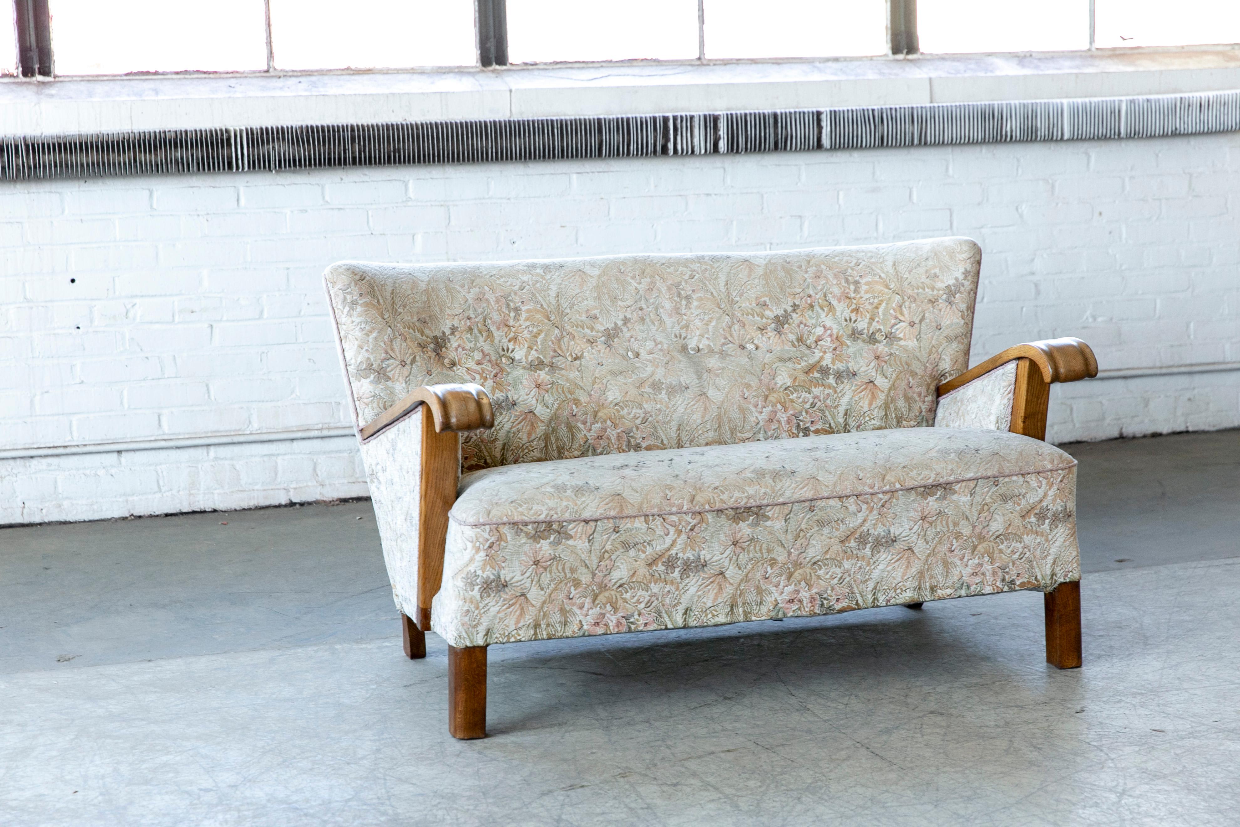 Mid-20th Century Fritz Hansen Attributed Danish Easy Settee or Loveseat with Oak Armrests, 1940s