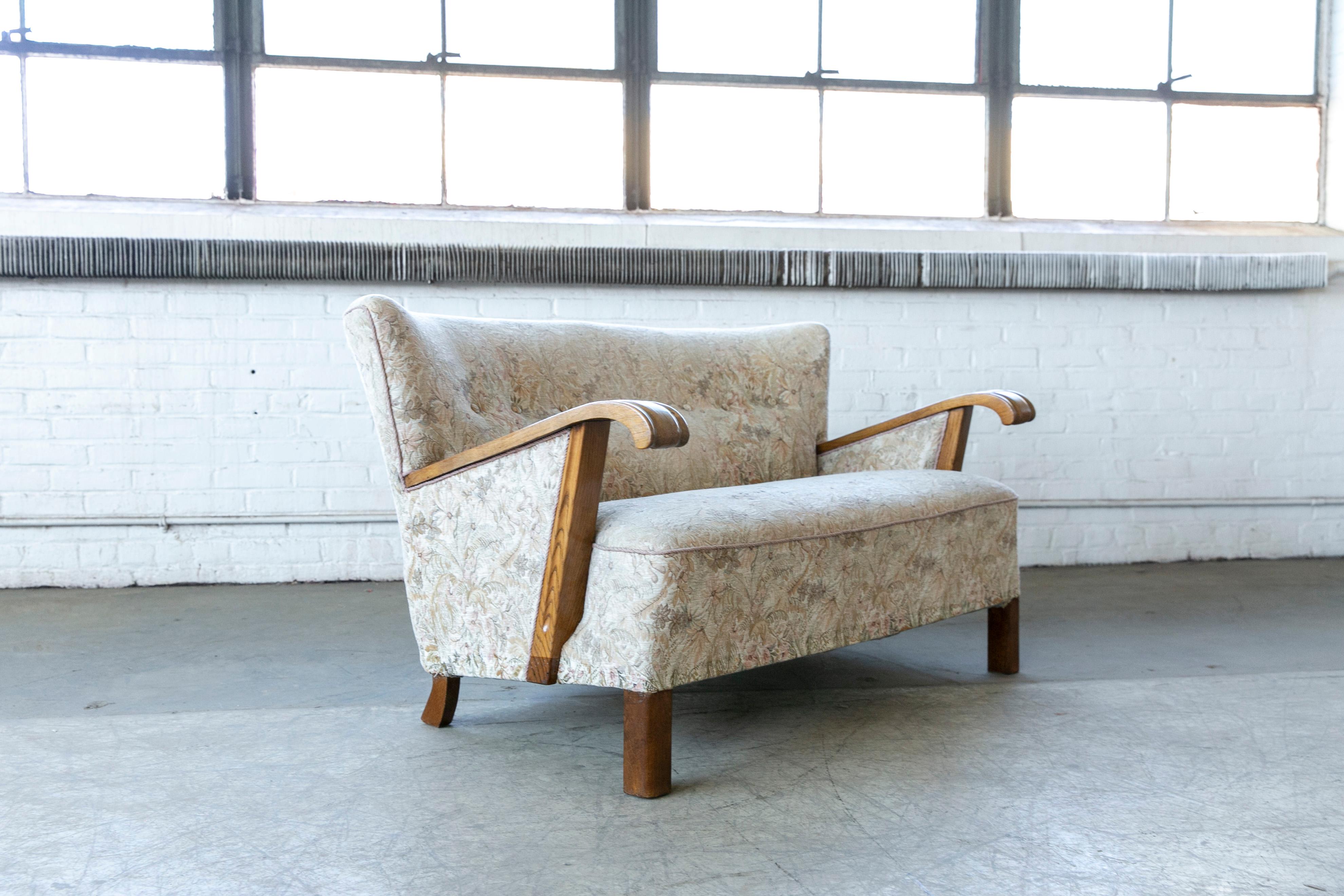 Wool Fritz Hansen Attributed Danish Easy Settee or Loveseat with Oak Armrests, 1940s