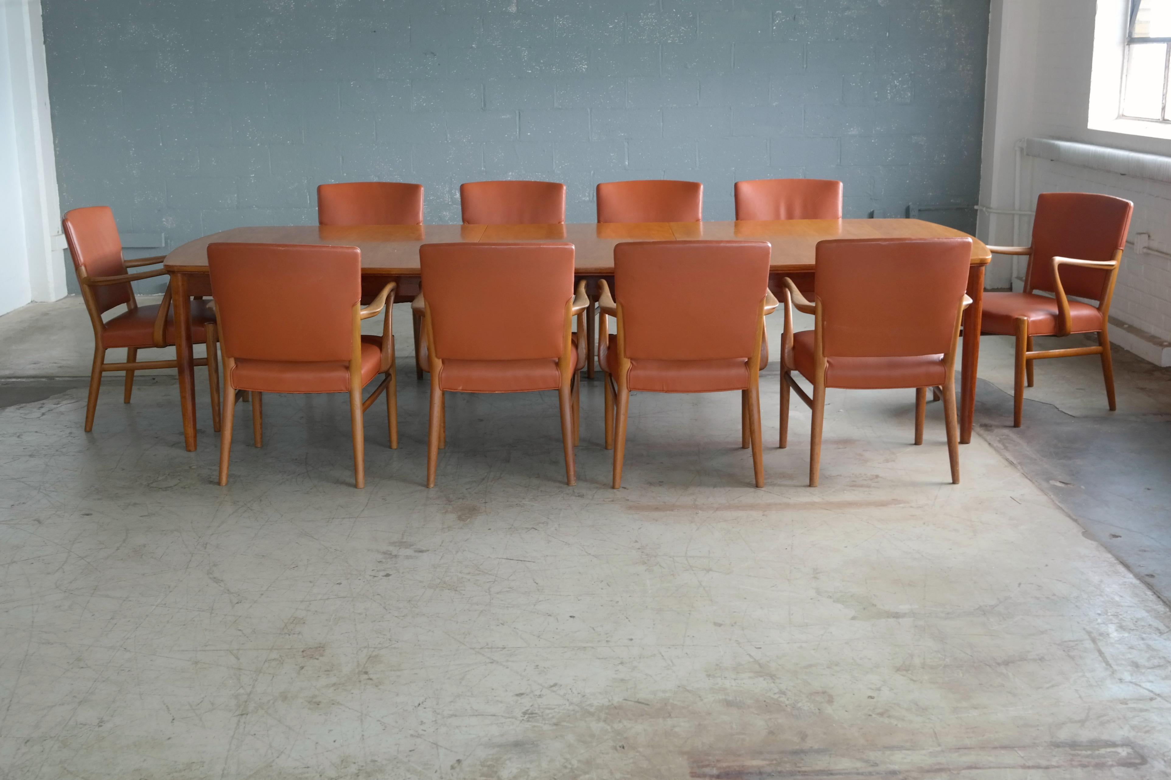 Danish Fritz Hansen Attributed Large Conference or Dining Table Set of Eight Chairs