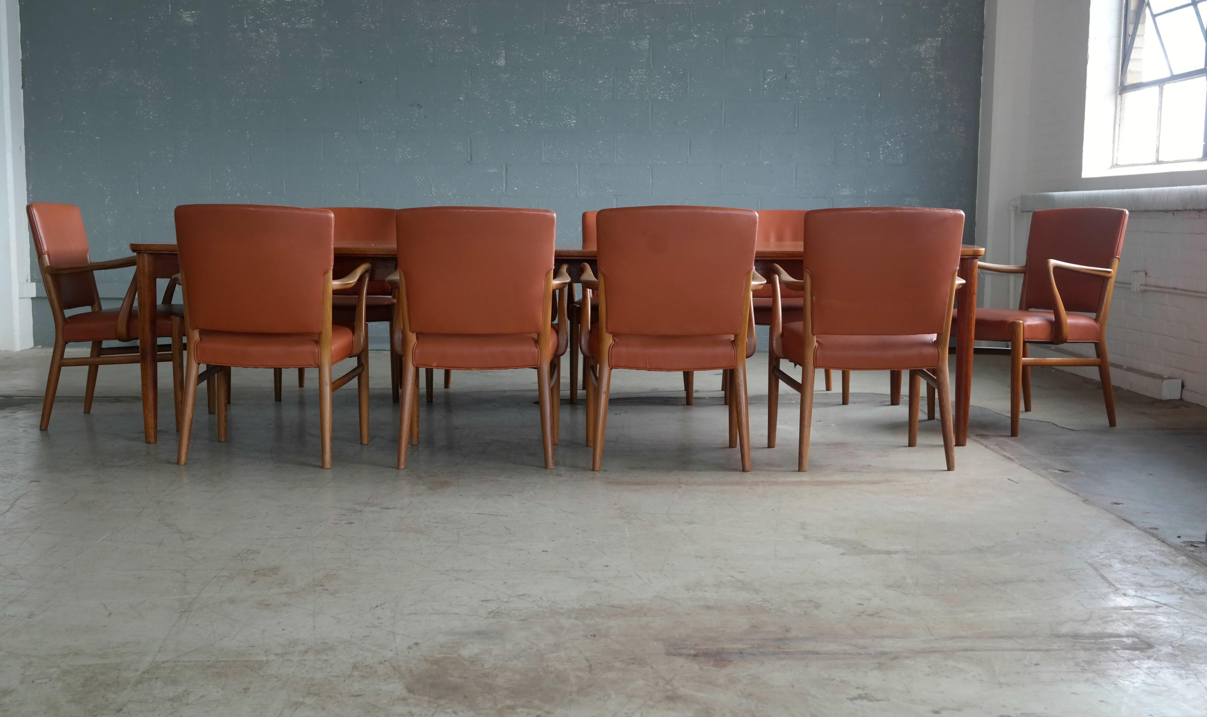 Mid-20th Century Fritz Hansen Attributed Large Conference or Dining Table Set of Eight Chairs