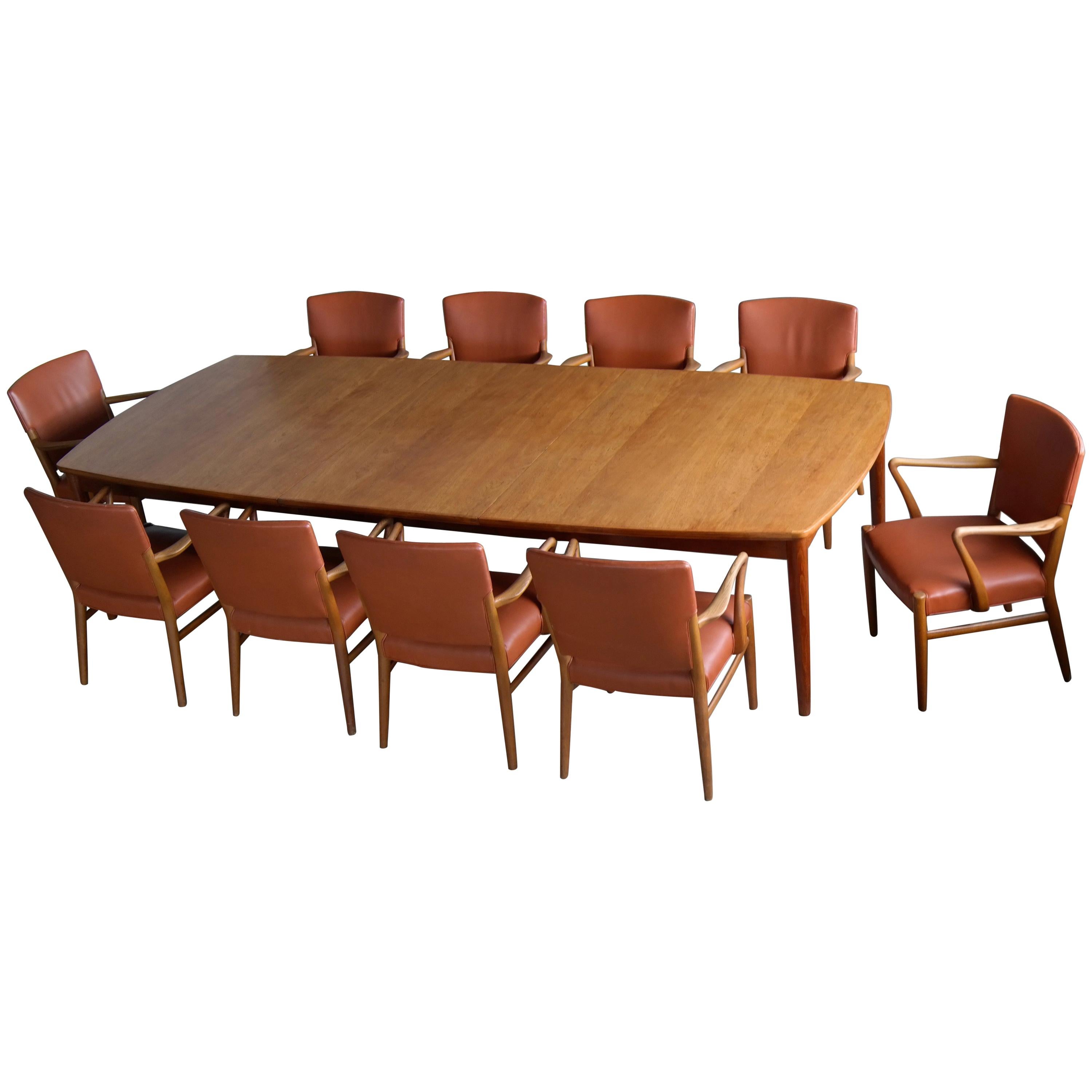 Fritz Hansen Attributed Large Conference or Dining Table Set of Eight Chairs