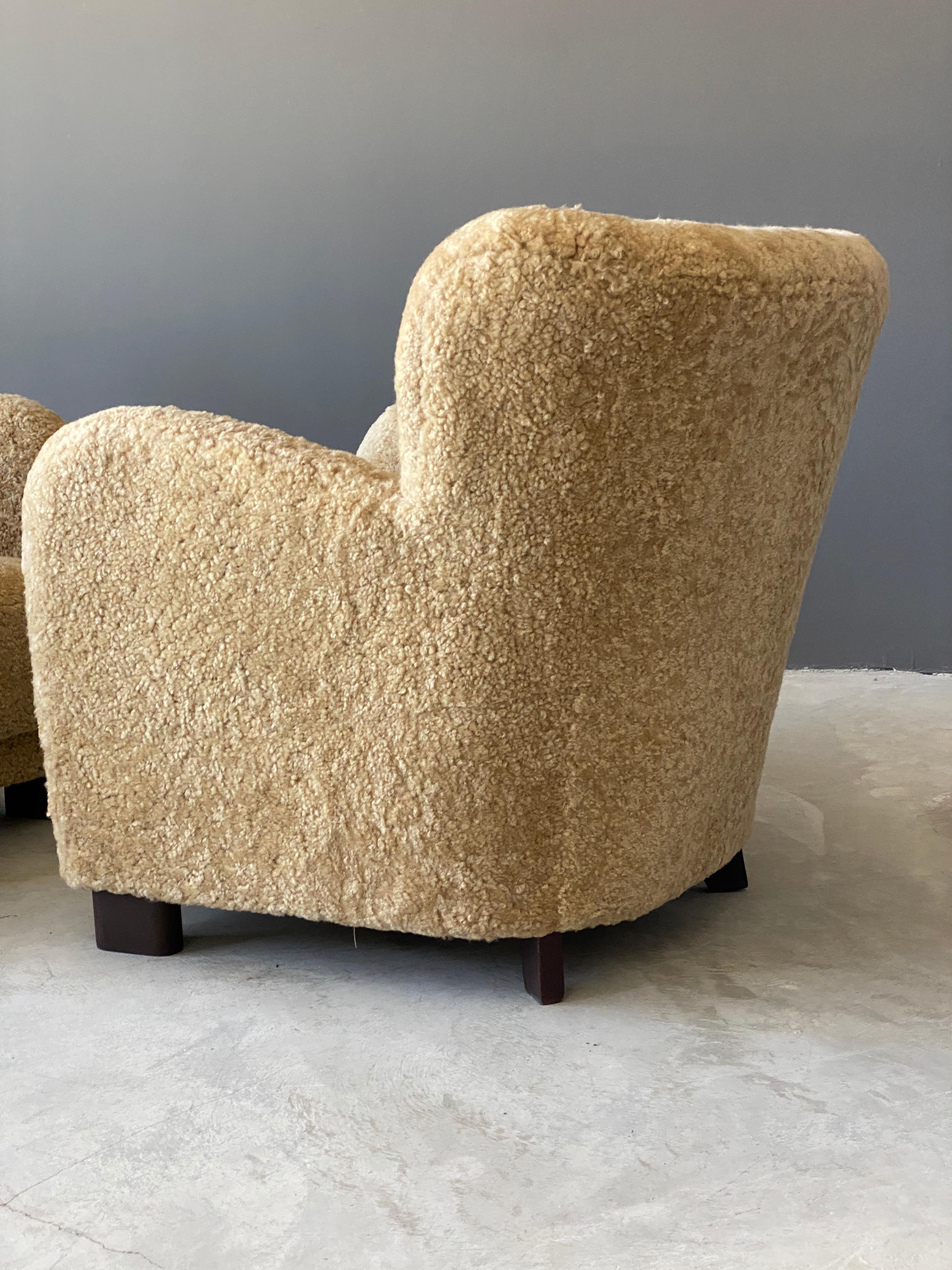 Fritz Hansen 'Attributed' Lounge Chairs, Sheepskin, Stained Wood, Denmark, 1940s 2
