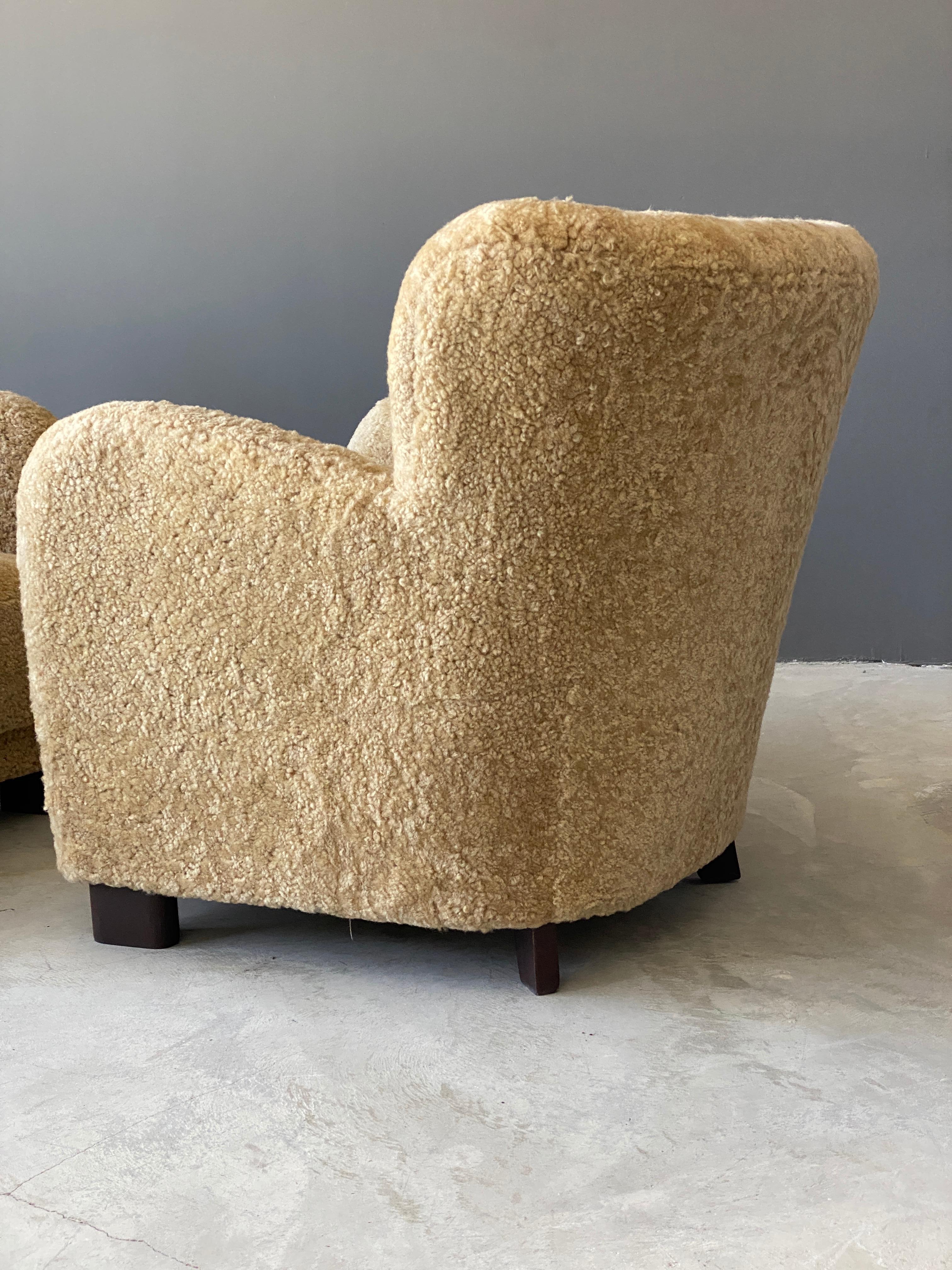Fritz Hansen 'Attributed' Lounge Chairs, Sheepskin, Stained Wood, Denmark, 1940s 3