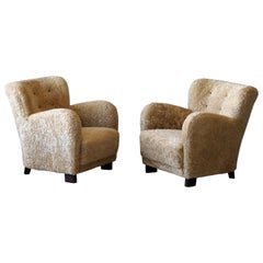 Fritz Hansen 'Attributed' Lounge Chairs, Sheepskin, Stained Wood, Denmark, 1940s