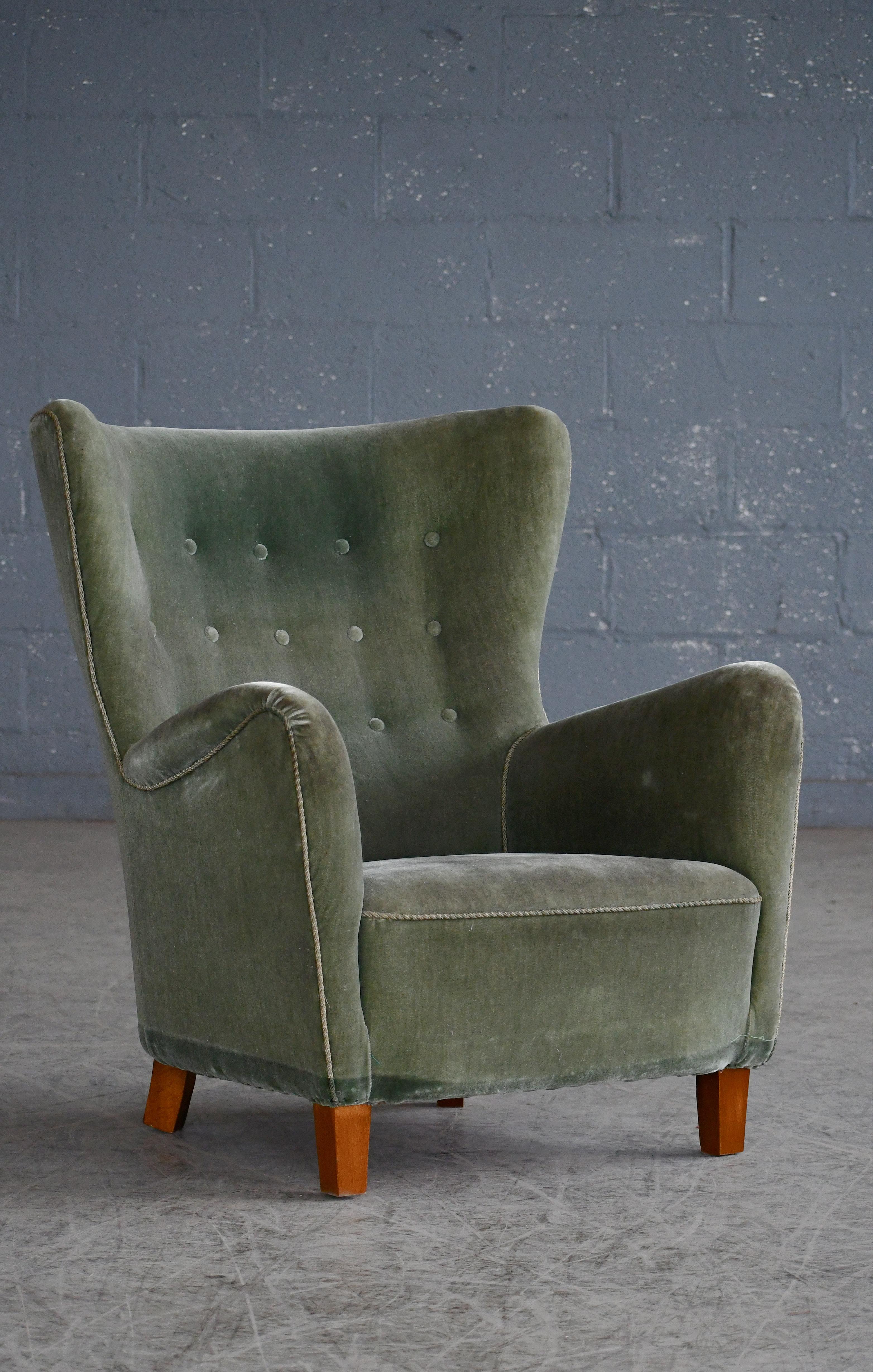 Mohair Fritz Hansen Attributed Model 1669 Style Easy Chair, Denmark, 1940s 
