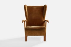 Fritz Hansen Attribution, Lounge Chair, Oak, Velvet, Denmark, 1920s