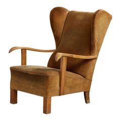 Fritz Hansen Attribution, Lounge Chair, Oak, Velvet, Denmark, 1920s