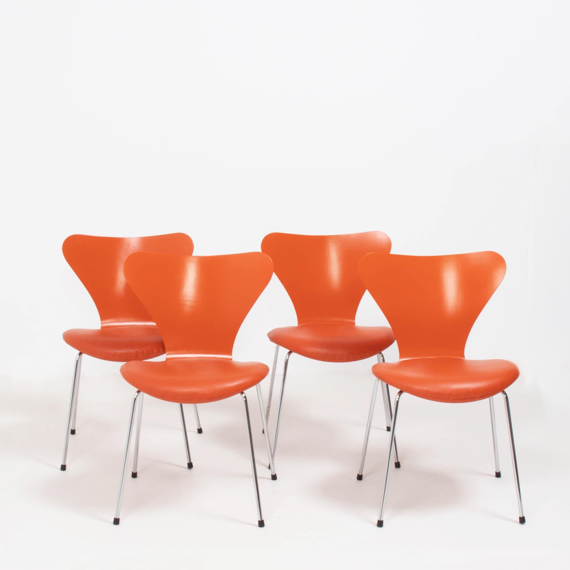 Danish Fritz Hansen by Arne Jacobsen Orange Leather Series 7 Chairs, Set of 4
