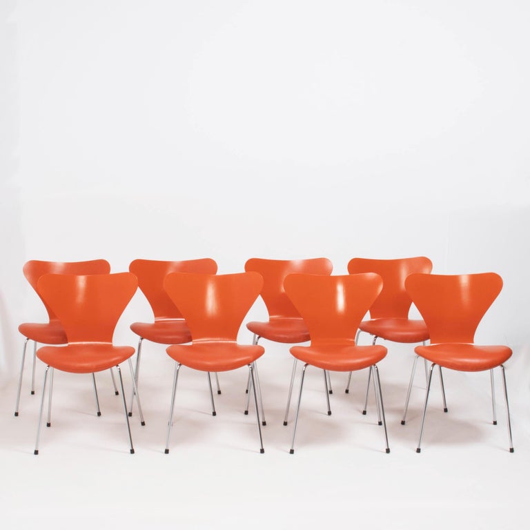 Danish Fritz Hansen by Arne Jacobsen Orange Leather Series 7 Dining Chairs, Set of 8 For Sale
