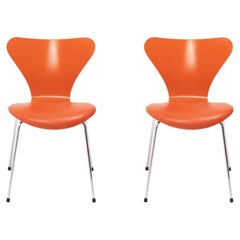 Fritz Hansen by Arne Jacobsen Orange Leather Series 7 Dining Chairs, Set of Two