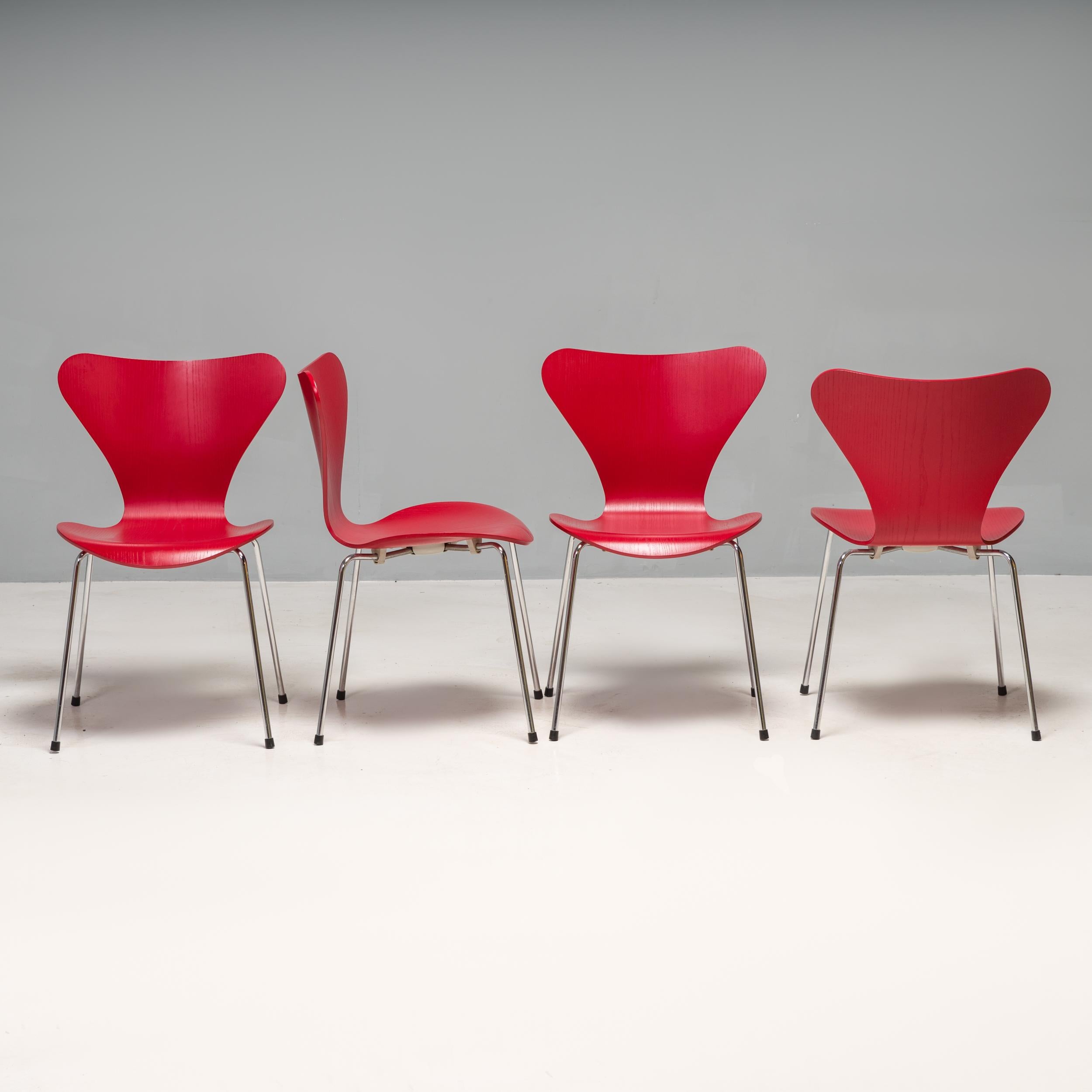 Scandinavian Modern Fritz Hansen by Arne Jacobsen Red Series 7 Dining Chairs, Set of 4