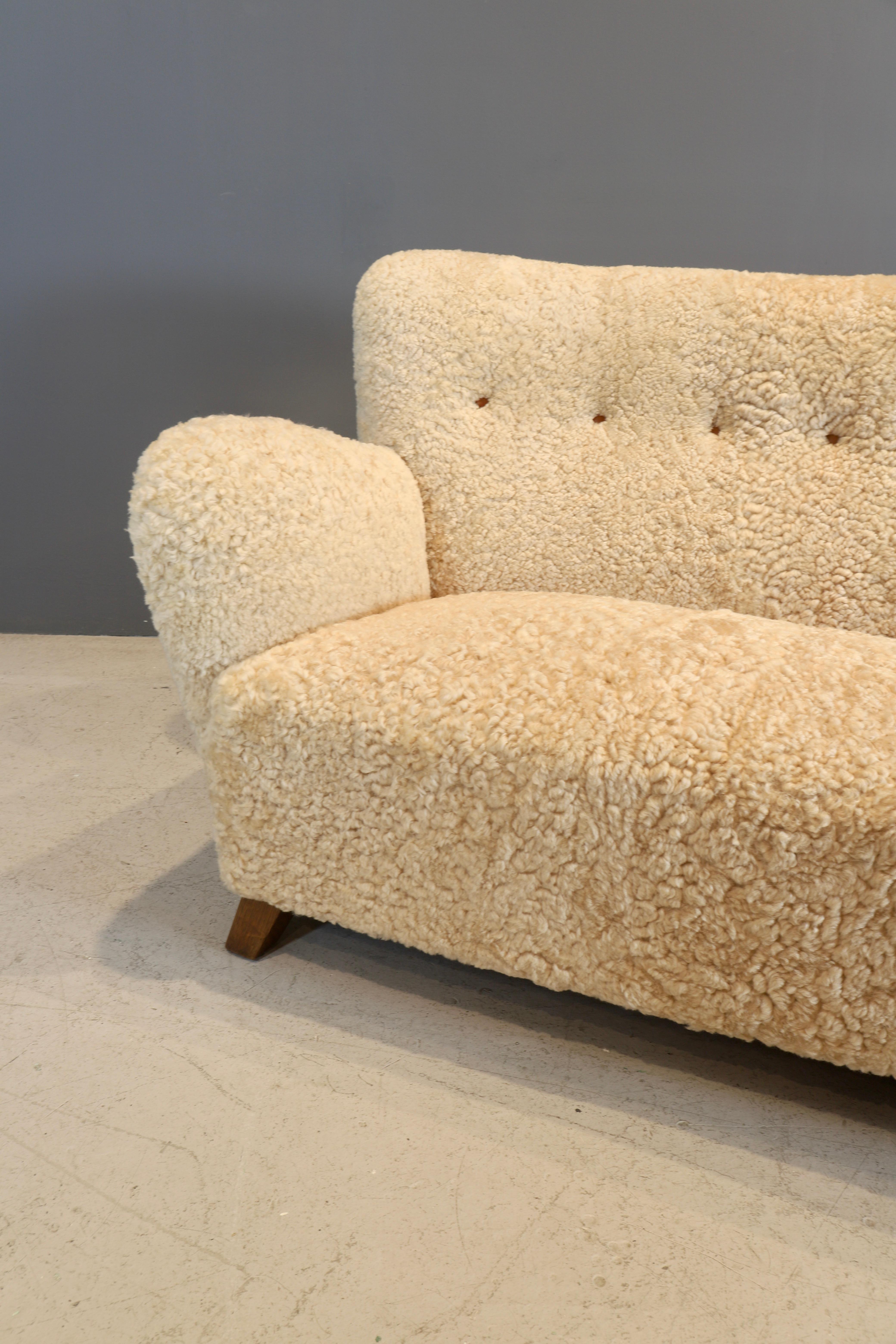 Scandinavian Modern Fritz Hansen Couch in Shearling, 1940s