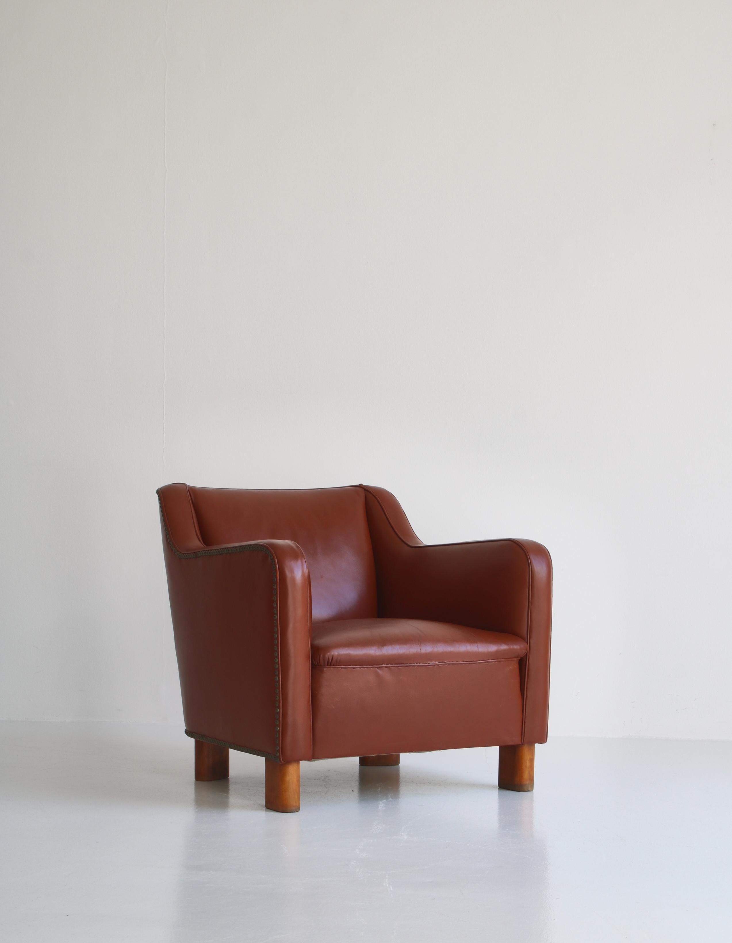 Danese Fritz Hansen, sedia moderna danese in pelle e faggio, anni '40 in vendita