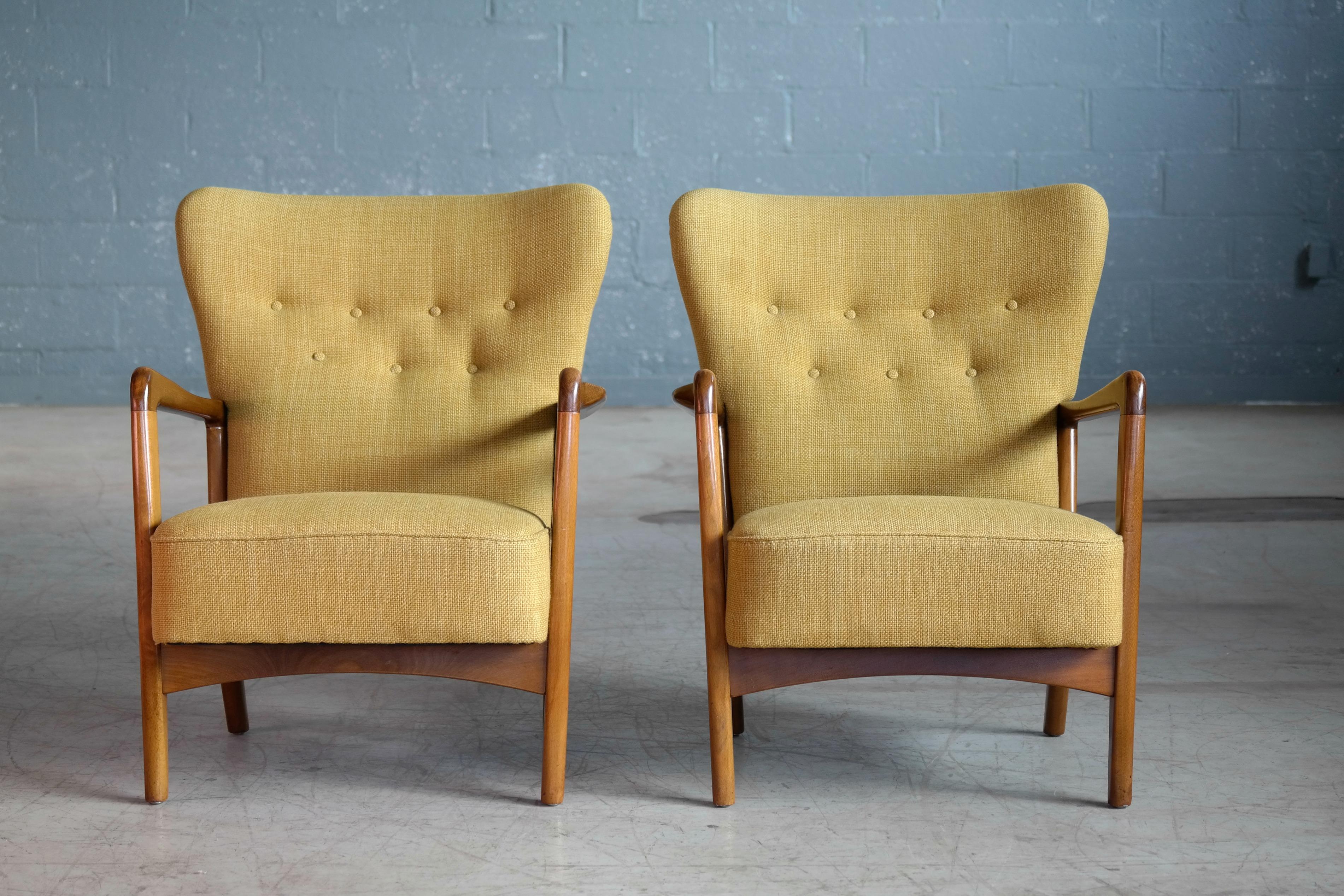 Wool Fritz Hansen Danish Pair of Low Back Lounge Chairs with Open Armrests, 1940s
