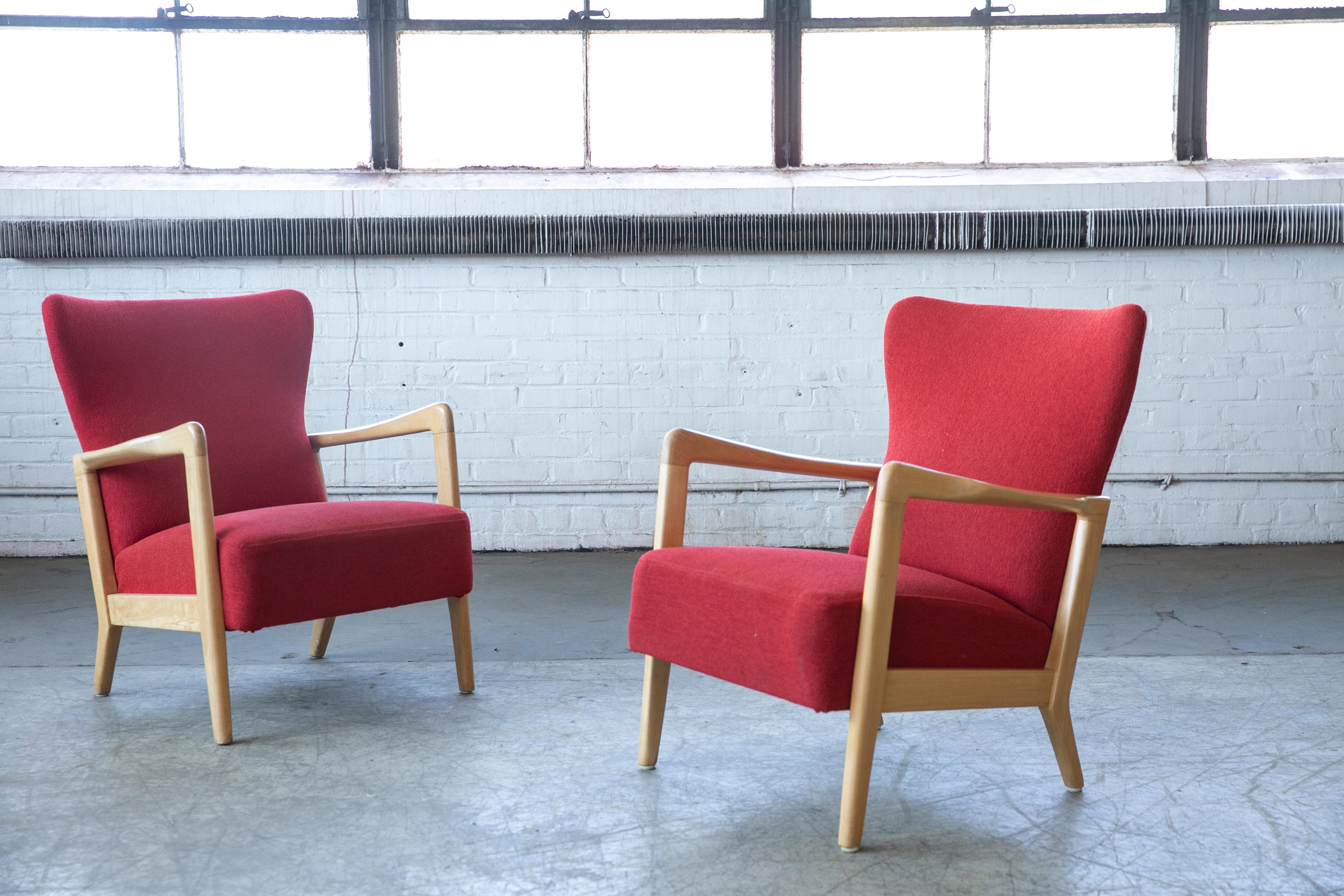 Fritz Hansen Danish Pair of Low Back Lounge Chairs with Open Armrests, 1940s 3