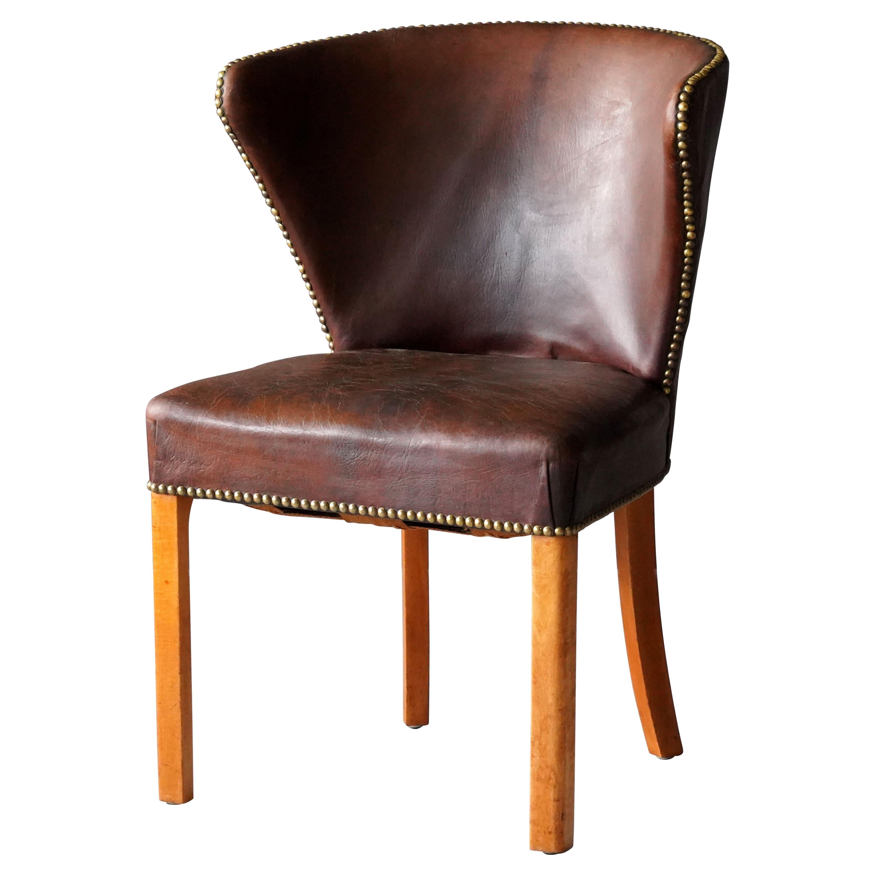 Fritz Hansen, Early Side Chair, Original Leather, Brass Nails, Denmark, 1940s