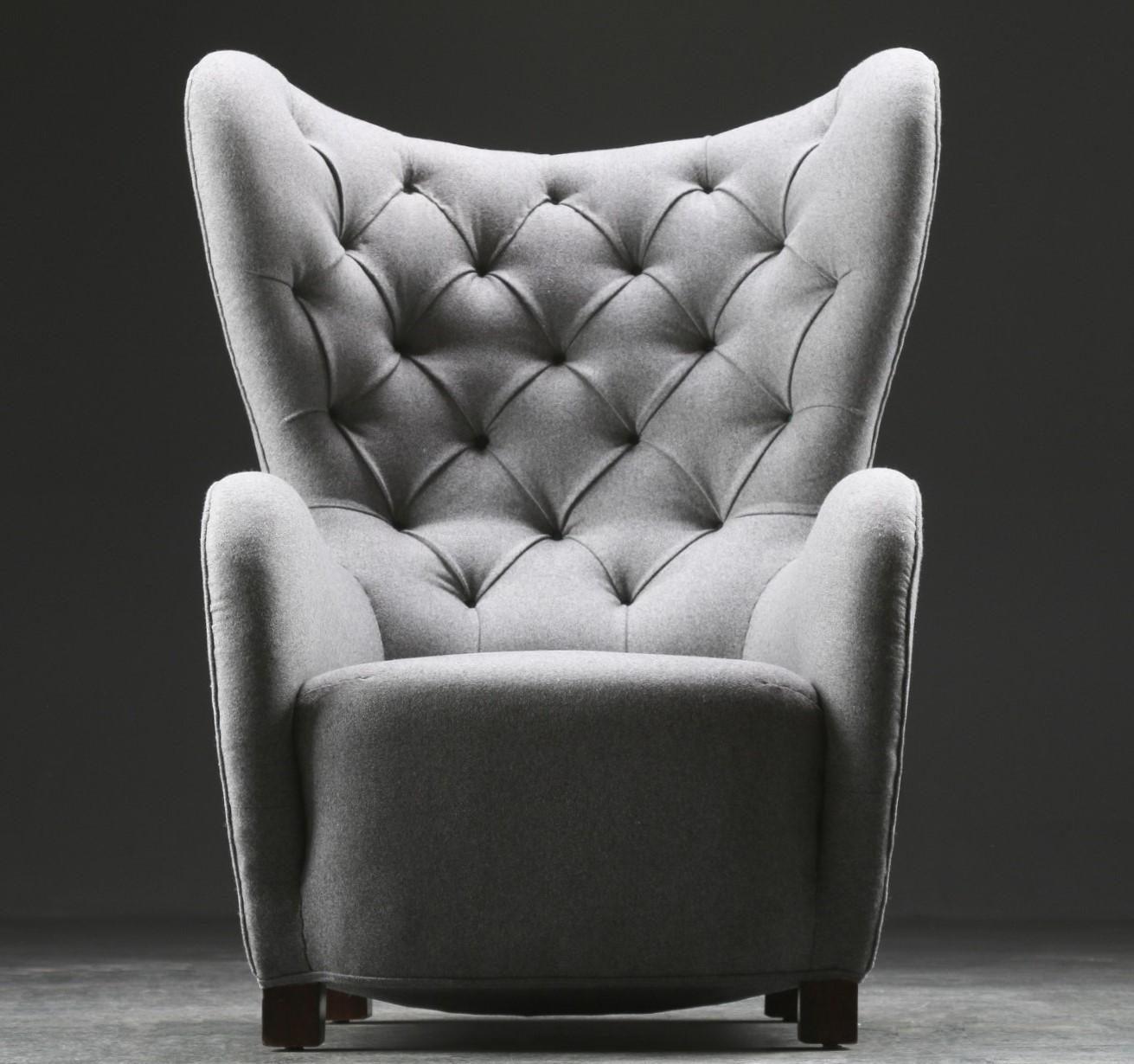 Scandinavian Modern Fritz Hansen, High Back / Lounge Chair, Fabric and Stained Beech, Denmark, 1940s