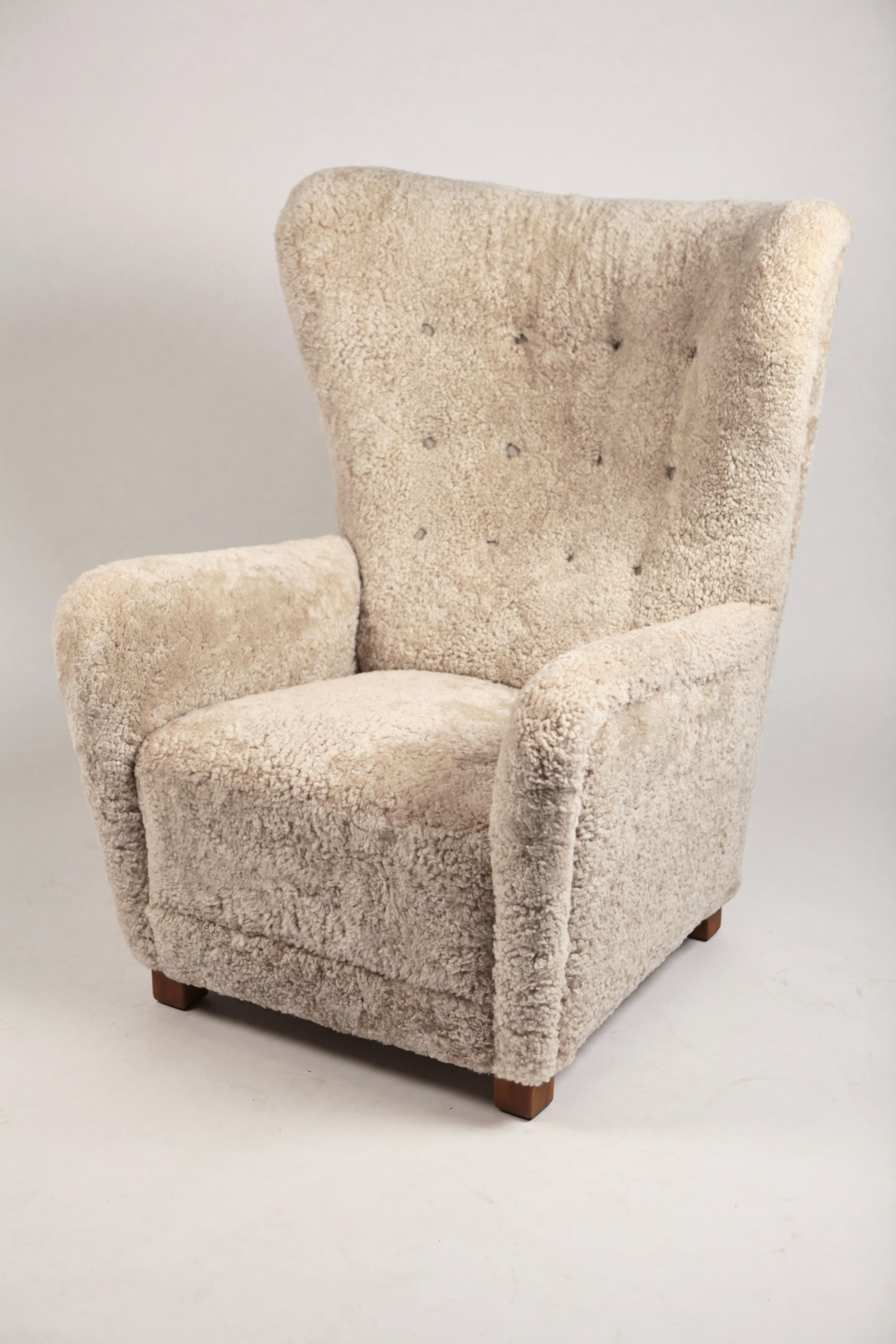 Fritz Hansen, Large High Back Wing Chair in Shearling and Oak, Denmark, 1940s 8