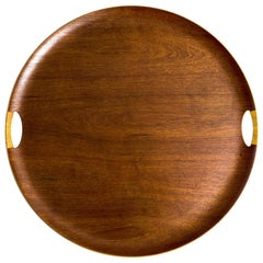 Fritz Hansen Large Serving Tray in Teak with Cane Wrapped Handles, 1960s