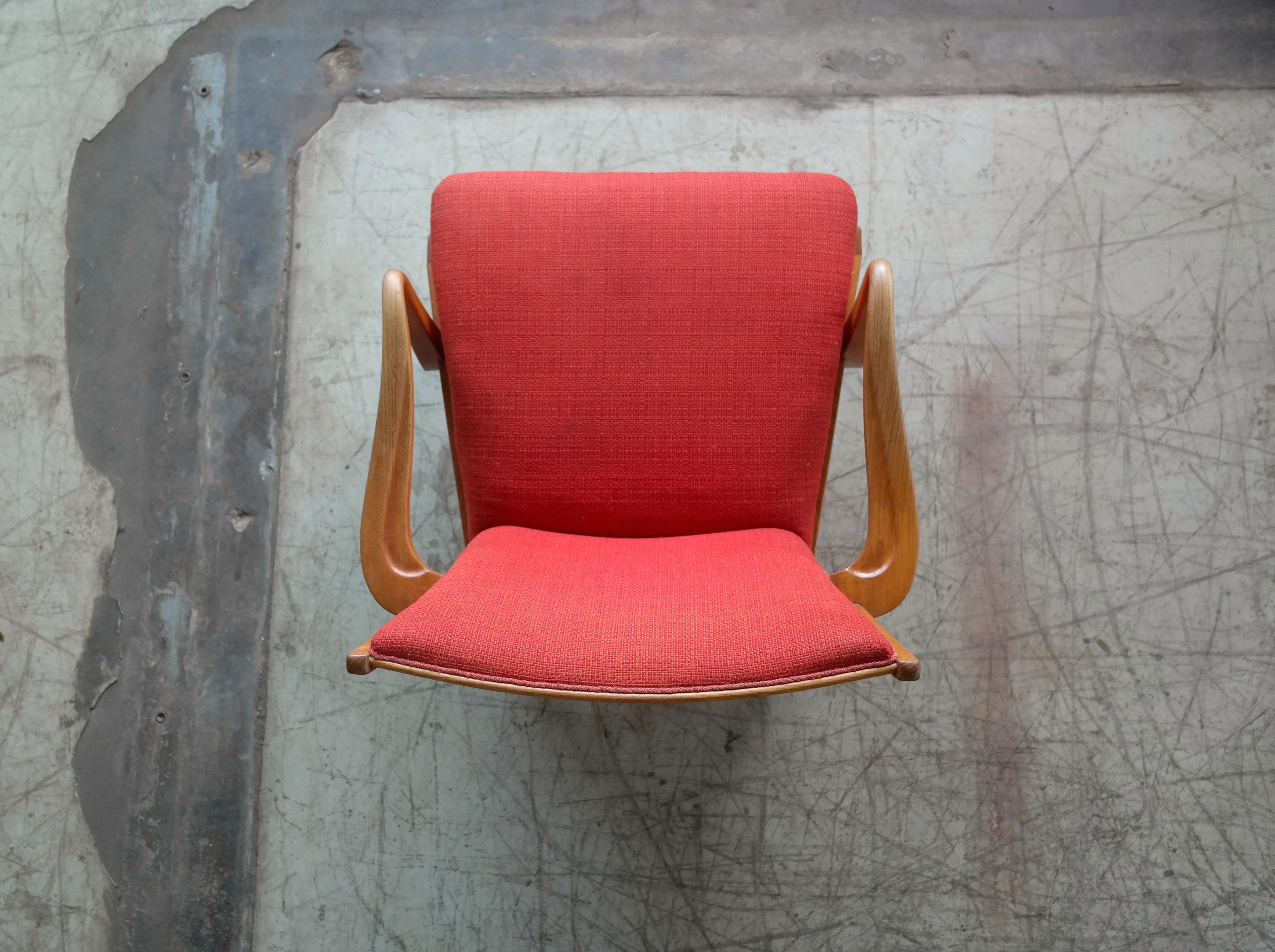 Fritz Hansen Lounge Chair in Oak and Wool with Solid Oak Back Danish Midcentury 4