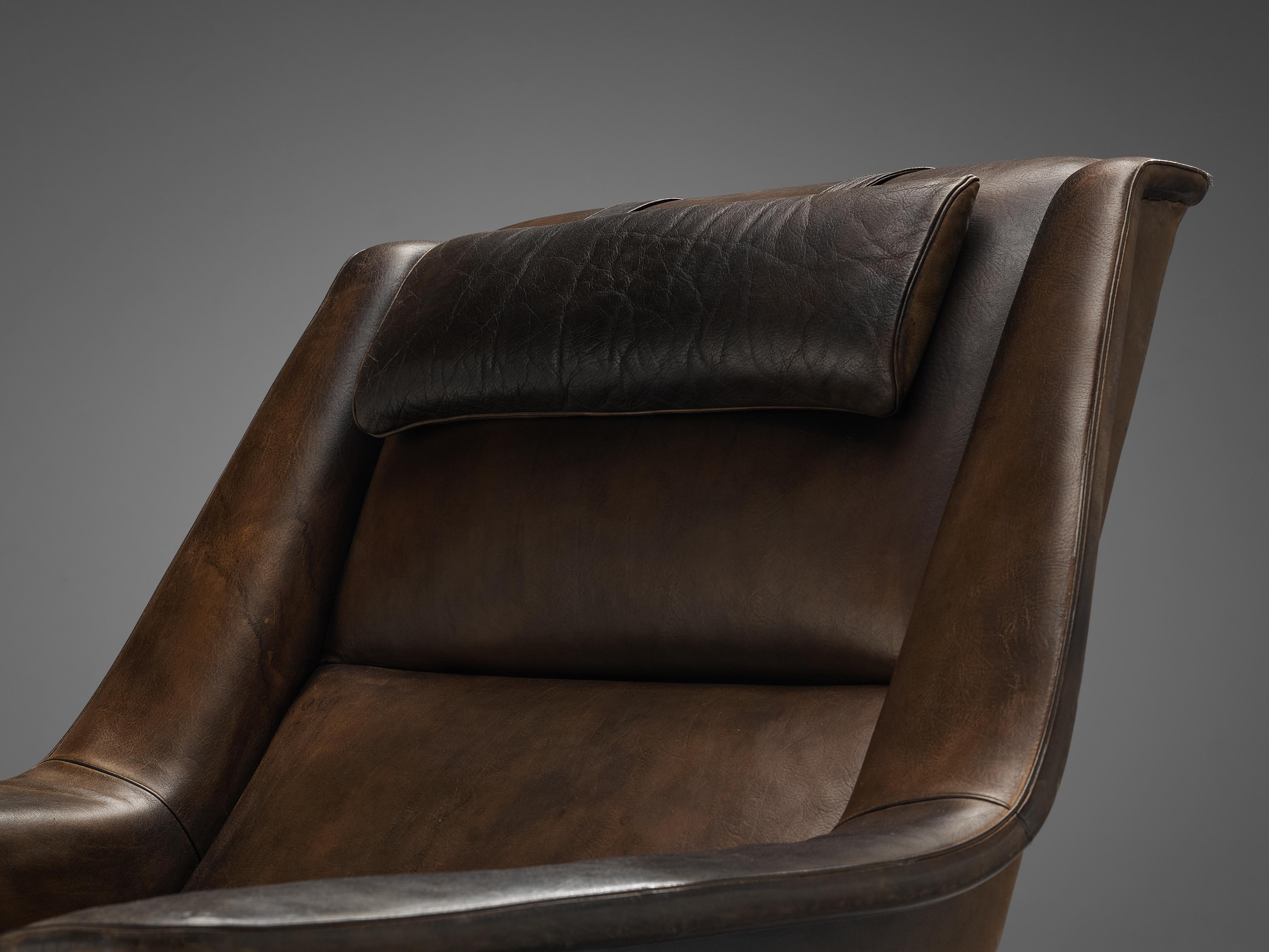 Scandinavian Modern Folke Ohlsson Lounge Chair in Original Brown Leather