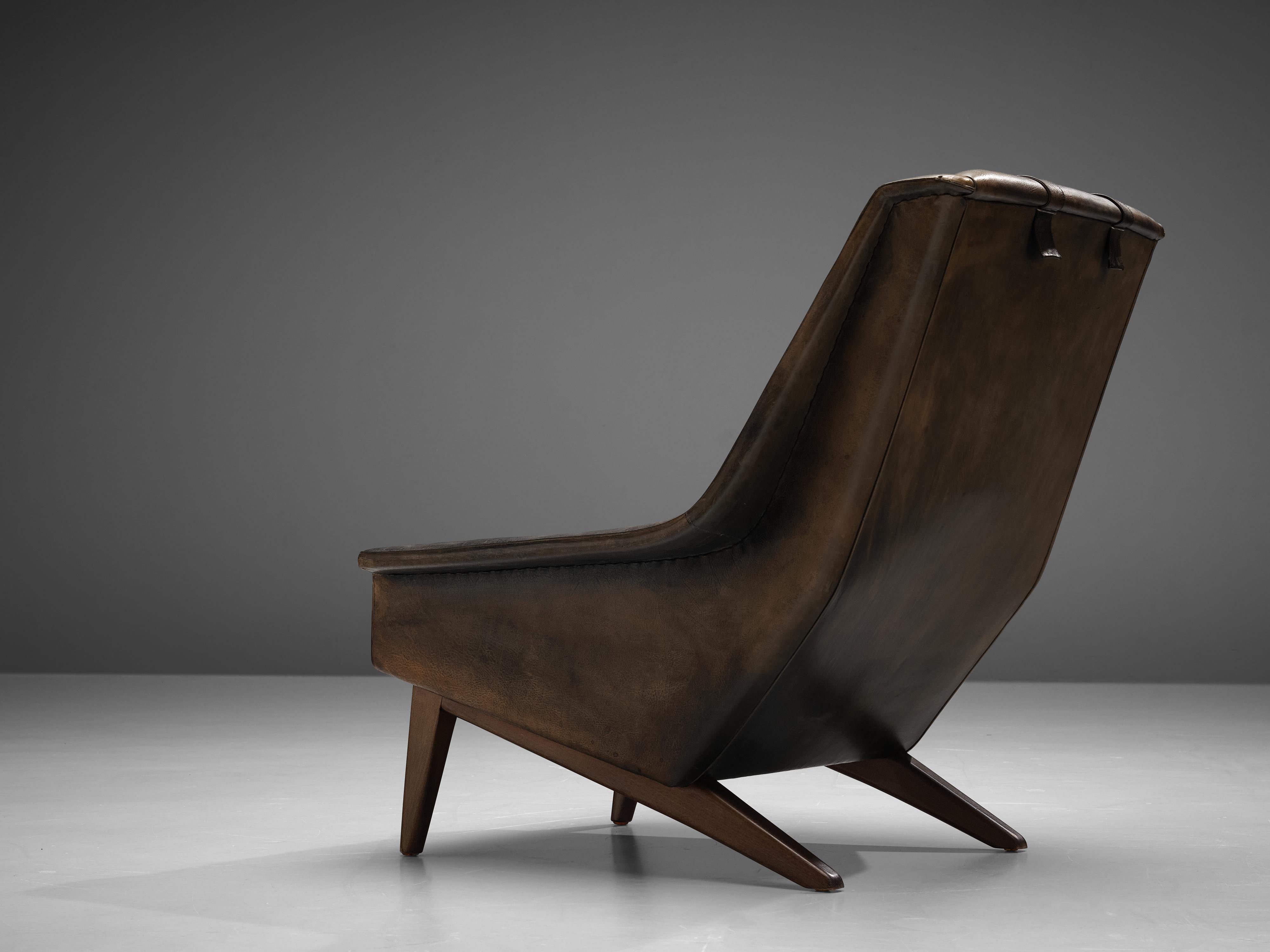Danish Folke Ohlsson Lounge Chair in Original Brown Leather