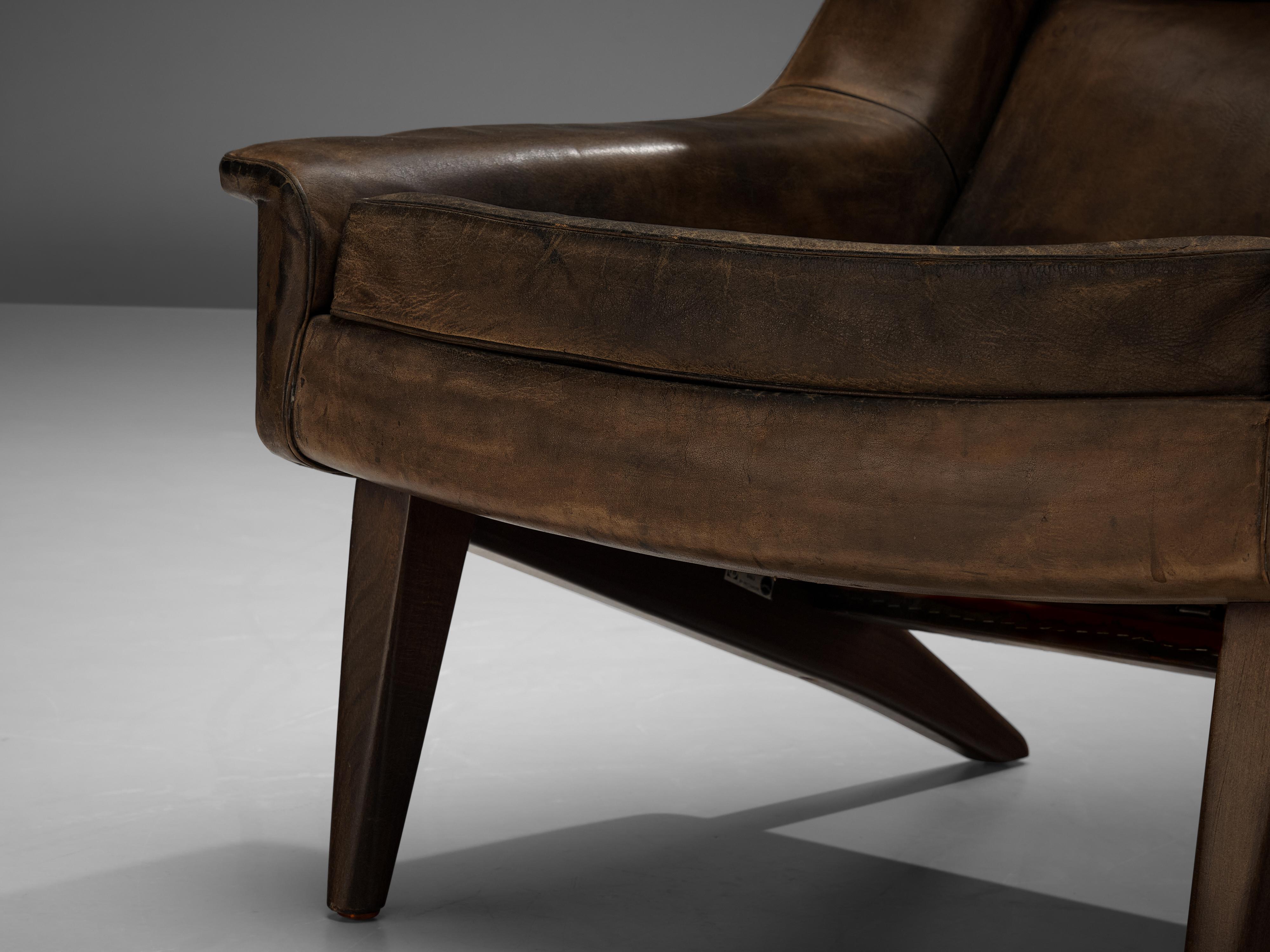 Folke Ohlsson Lounge Chair in Original Brown Leather In Good Condition In Waalwijk, NL