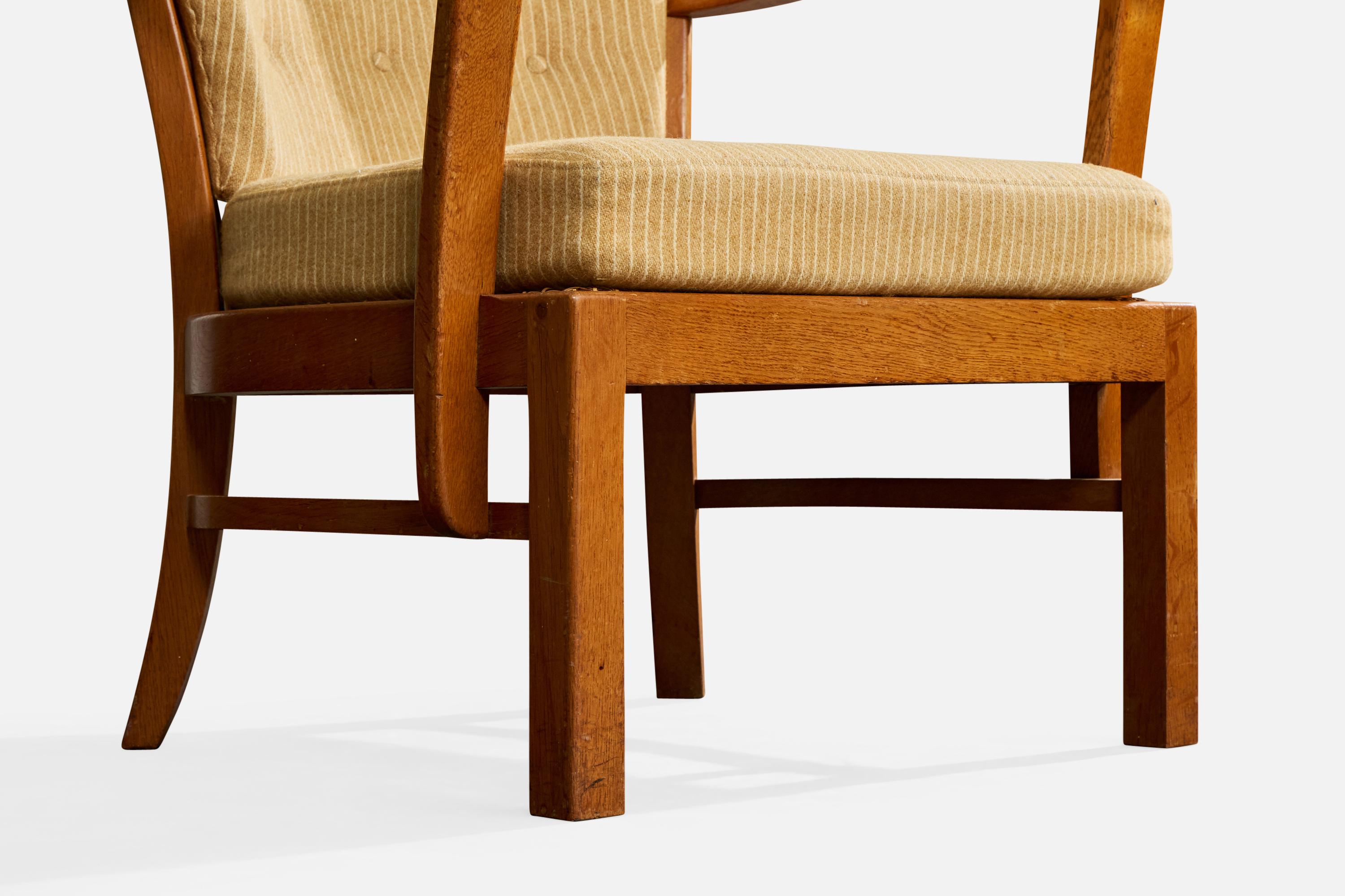 Fritz Hansen, Loungesessel, Eiche, Stoff, Dänemark, 1940er Jahre im Angebot 6