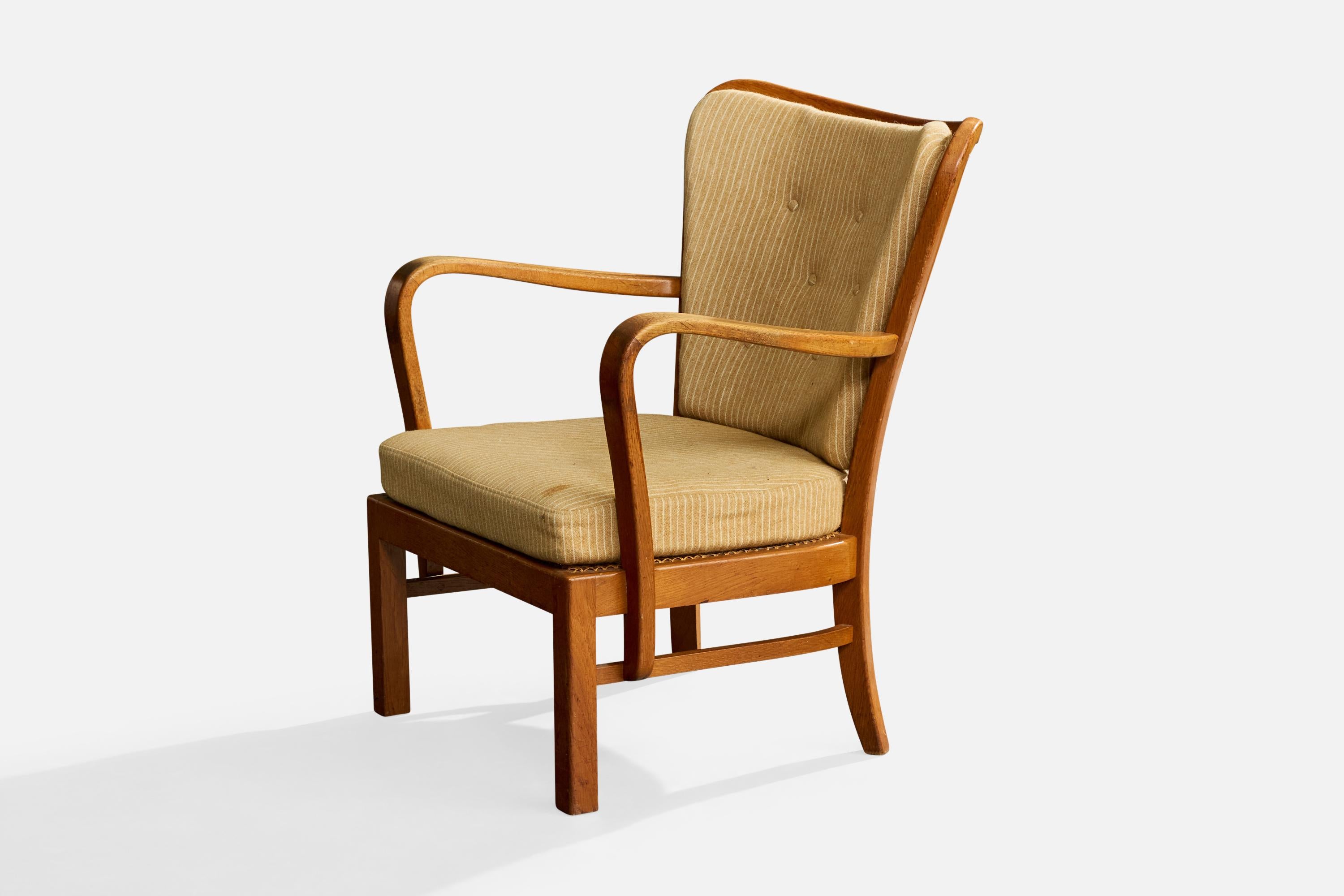 Fritz Hansen, Loungesessel, Eiche, Stoff, Dänemark, 1940er Jahre (Dänisch) im Angebot