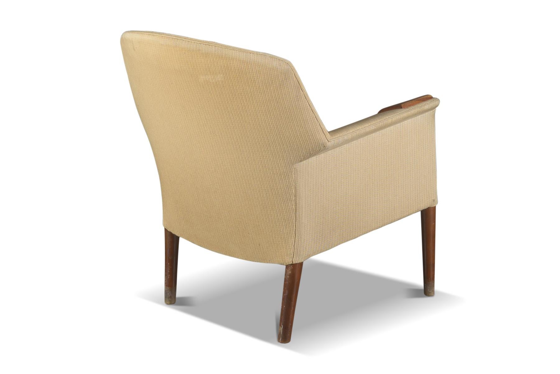 Origin: Denmark
Designer: Unknown
Manufacturer: Fritz Hansen
Era: 1950s
Materials: Teak, wool
Measurements: 28.25? wide x 32.25? tall

Condition:
Frames in excellent condition. Wool has vintage wear. Price includes new upholstery in your