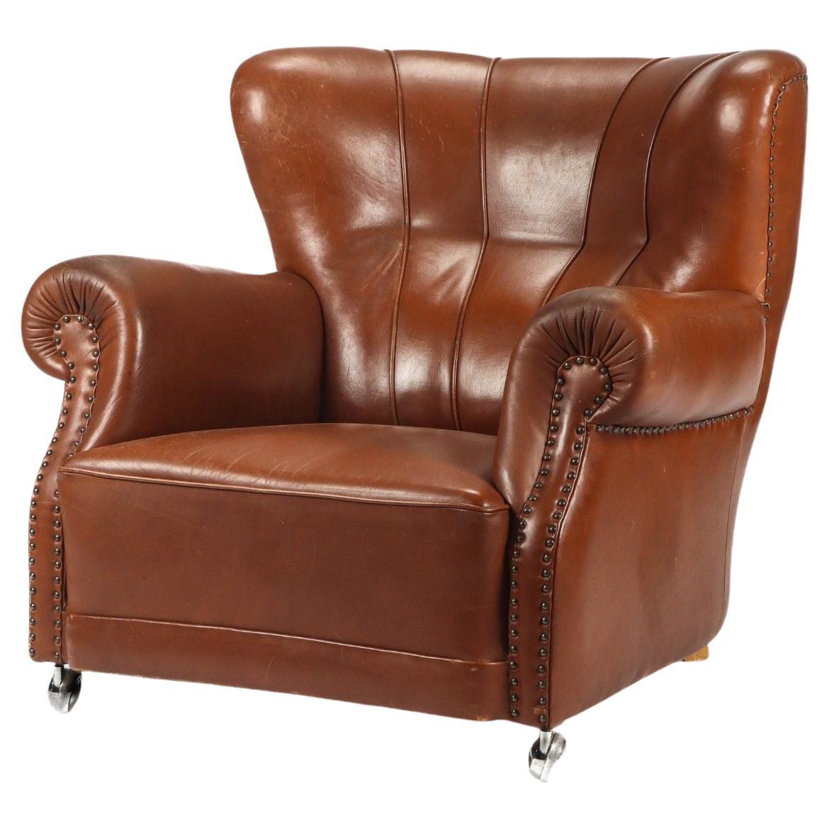 Sedia Club Grande in Pelle di Castagno Fritz Hansen Modello 1518, Danimarca, anni '40
