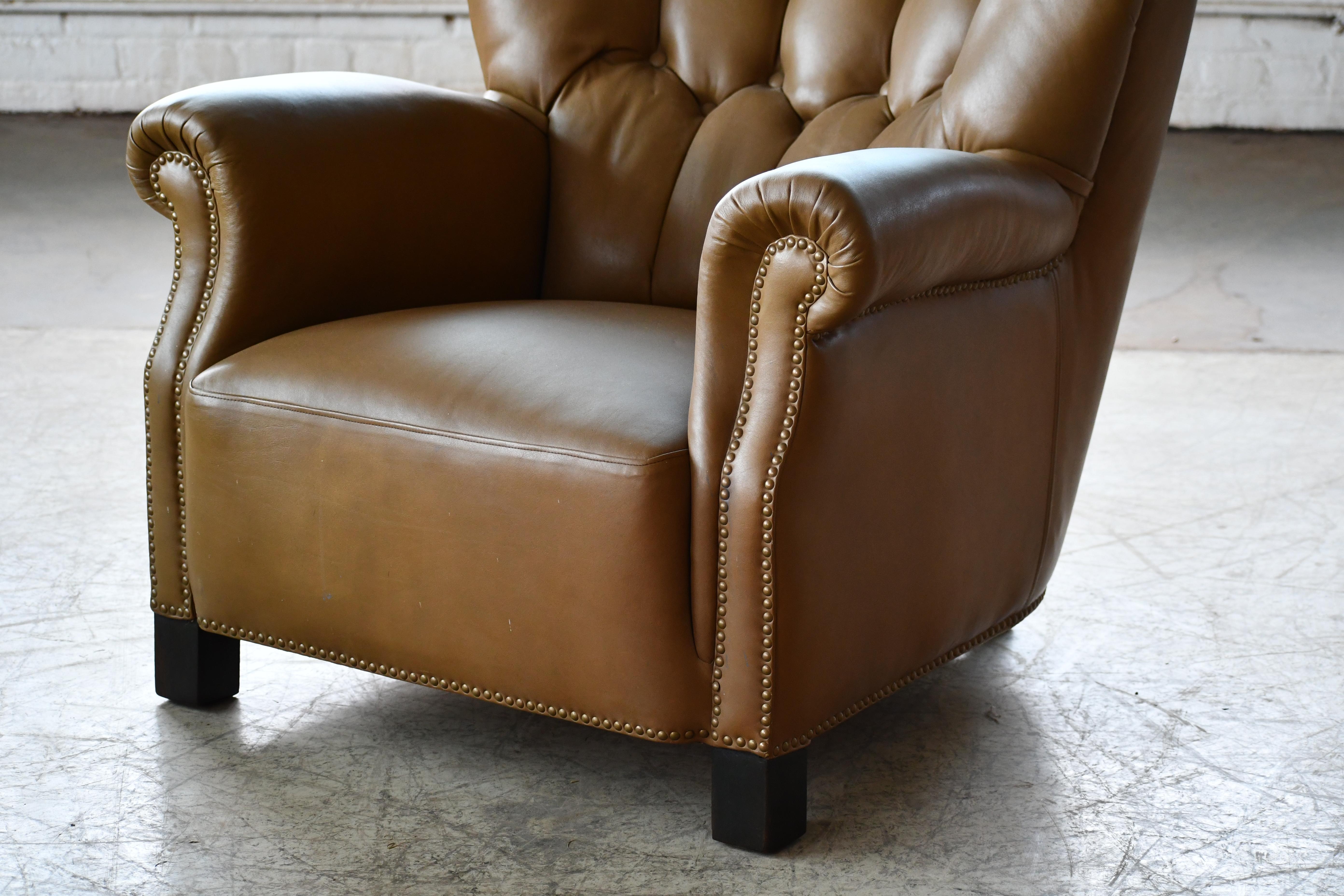 Danish Fritz Hansen Model 1518 Large Club Chair in Olive Brown Leather, Denmark, 1940s