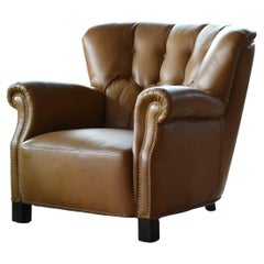 Fritz Hansen Model 1518 Large Club Chair in Olive Brown Leather, Denmark, 1940s
