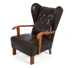 Fritz Hansen Model 1582 Wingback Lounge Chair in Beech & Leather, c. 1940's