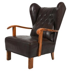 Fritz Hansen Model 1582 Wingback Lounge Chair in Beech & Leather, c. 1940's