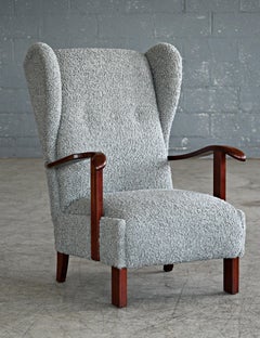 Fritz Hansen Model 1582 Wingback Lounge Chair in Grey Boucle Danish Midcentury