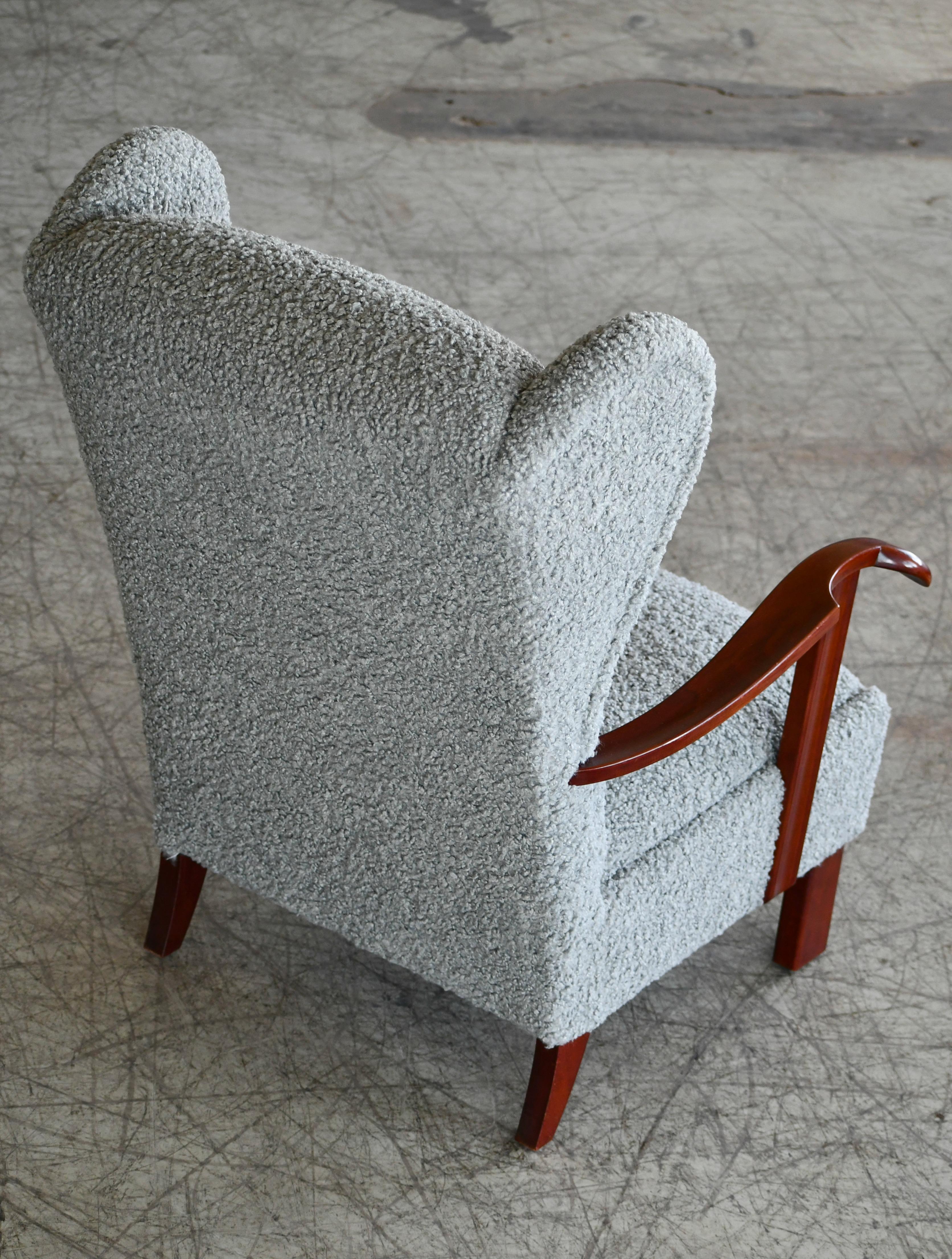 Fritz Hansen Model 1582 Wingback Lounge Chair in Grey Boucle Danish Midcentury 3