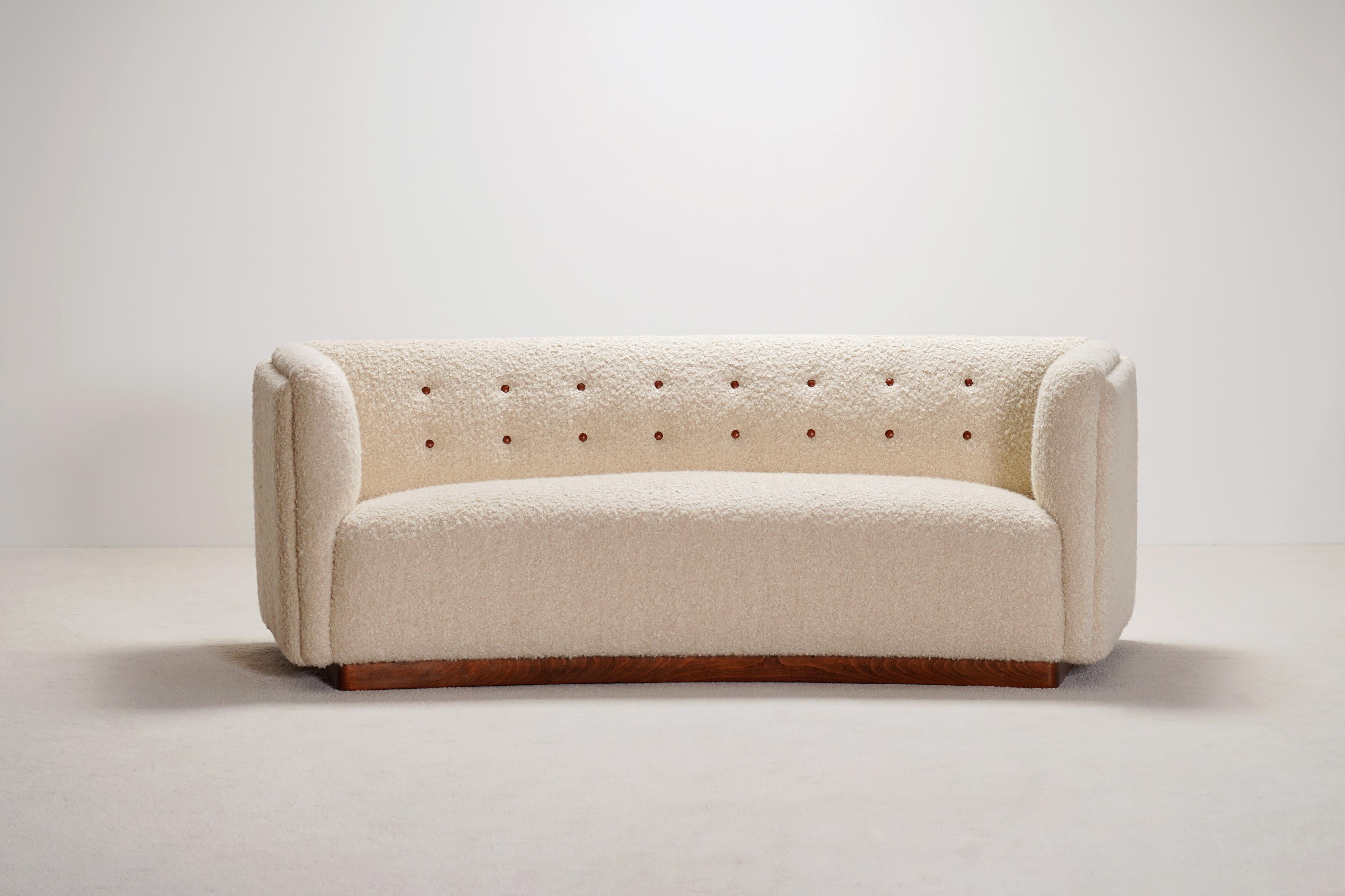 Scandinavian Modern Fritz Hansen Model 1668 Three-Seat Sofa. Wool Bouclé Fabric. Circa 1940. For Sale